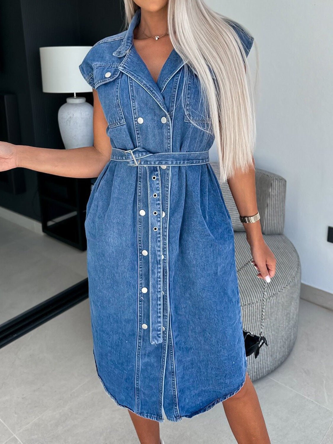 Collared Neck Cap Sleeve Denim Dress - Flip Flop Dynasty
