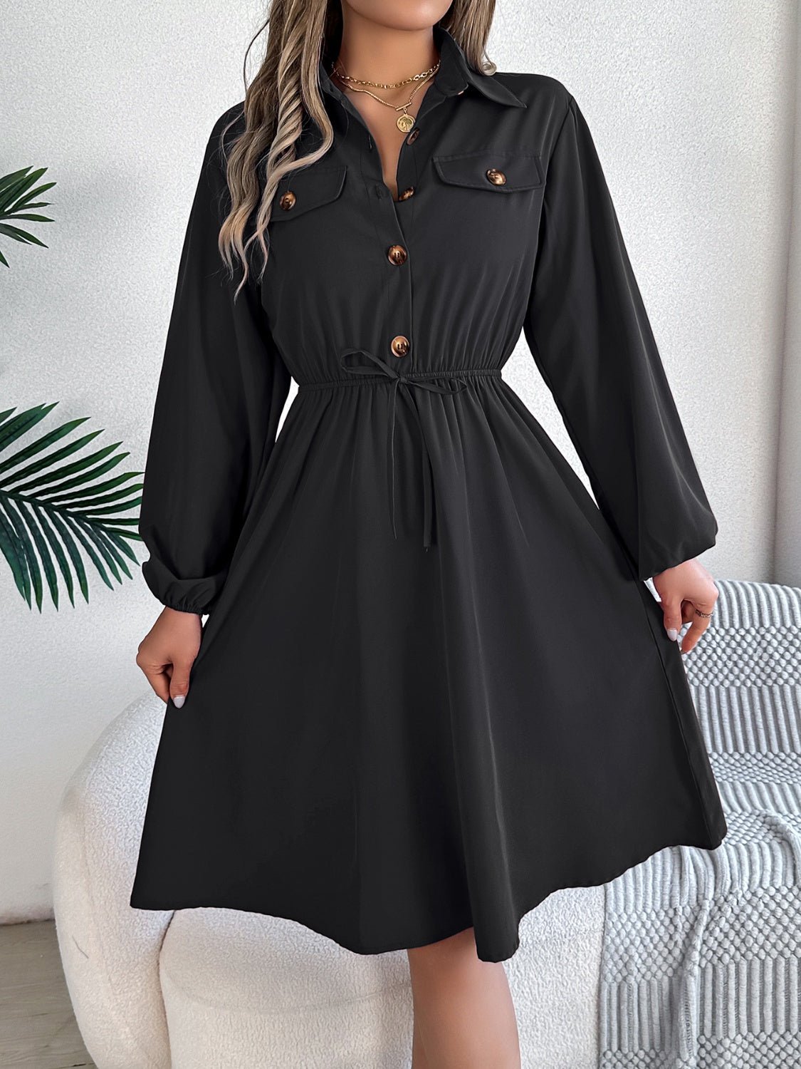 Collared Neck Long Sleeve Dress with Pockets - Flip Flop Dynasty