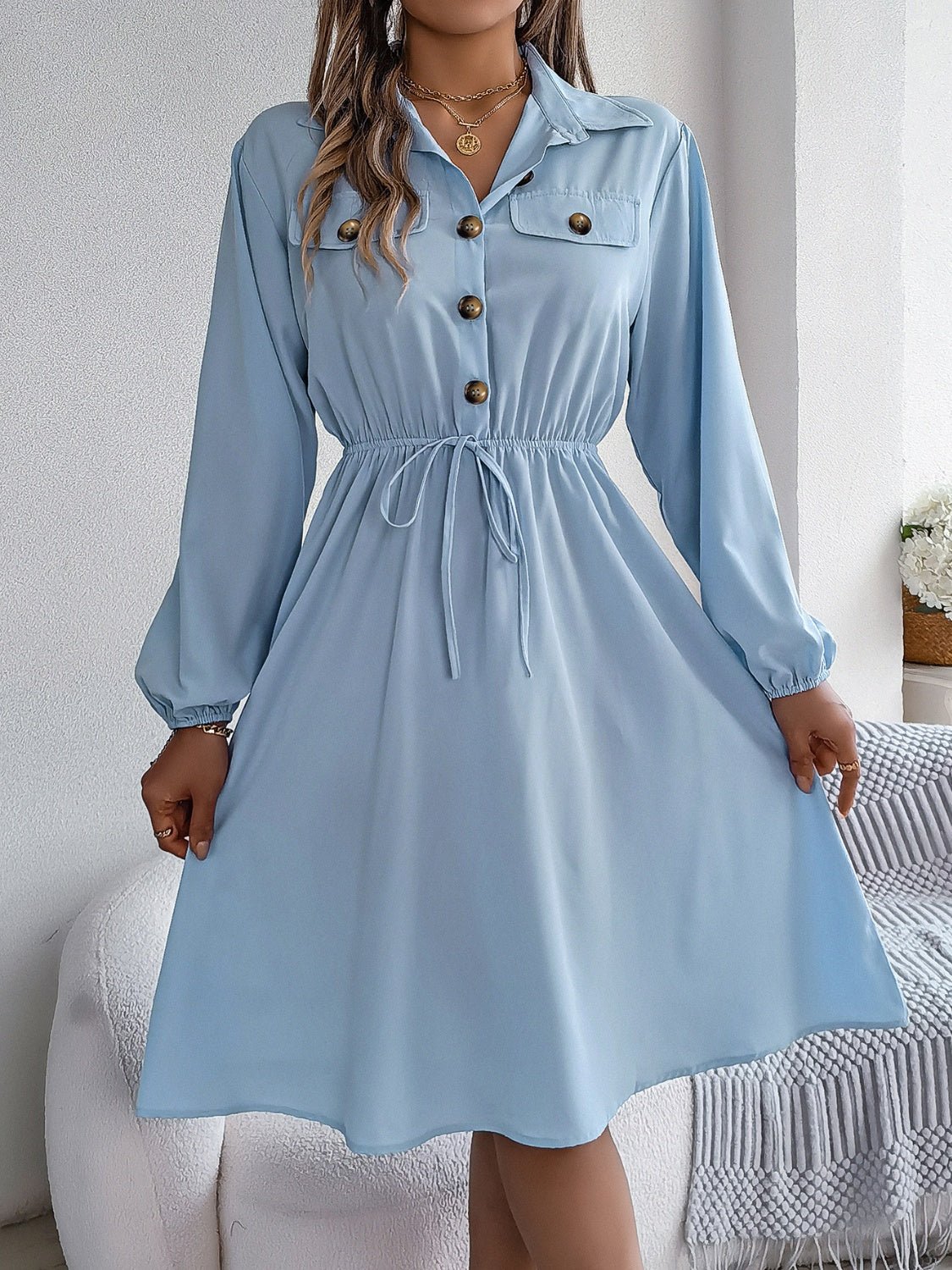 Collared Neck Long Sleeve Dress with Pockets - Flip Flop Dynasty