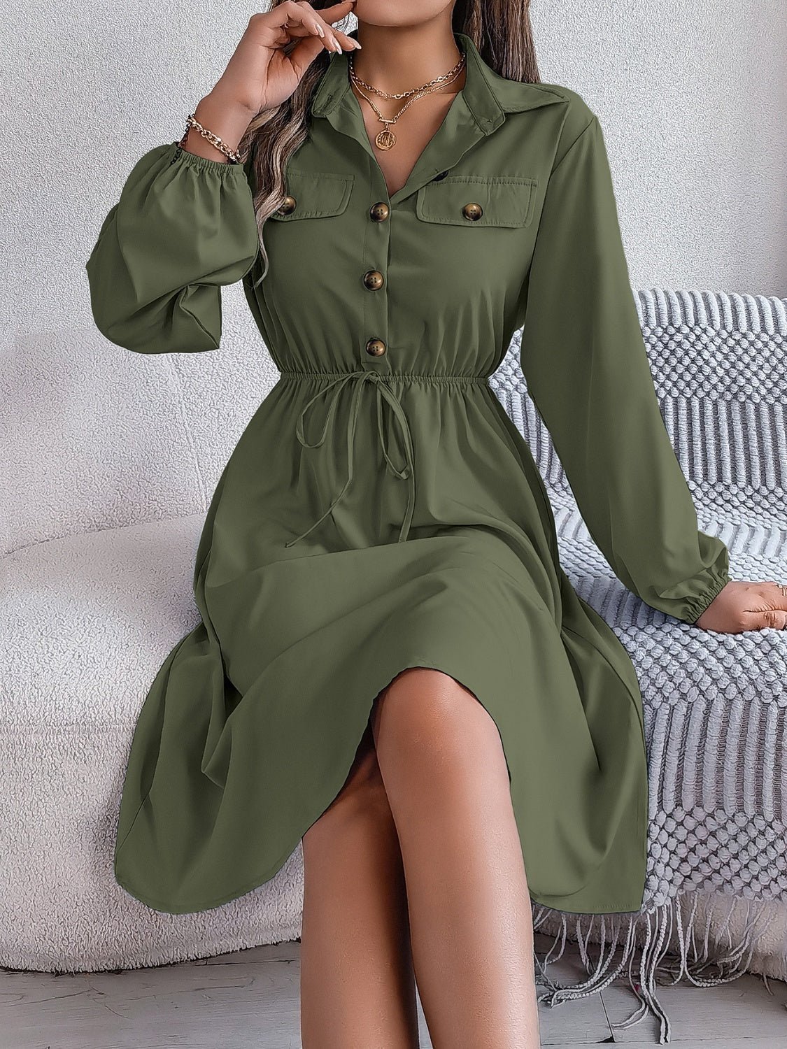Collared Neck Long Sleeve Dress with Pockets - Flip Flop Dynasty