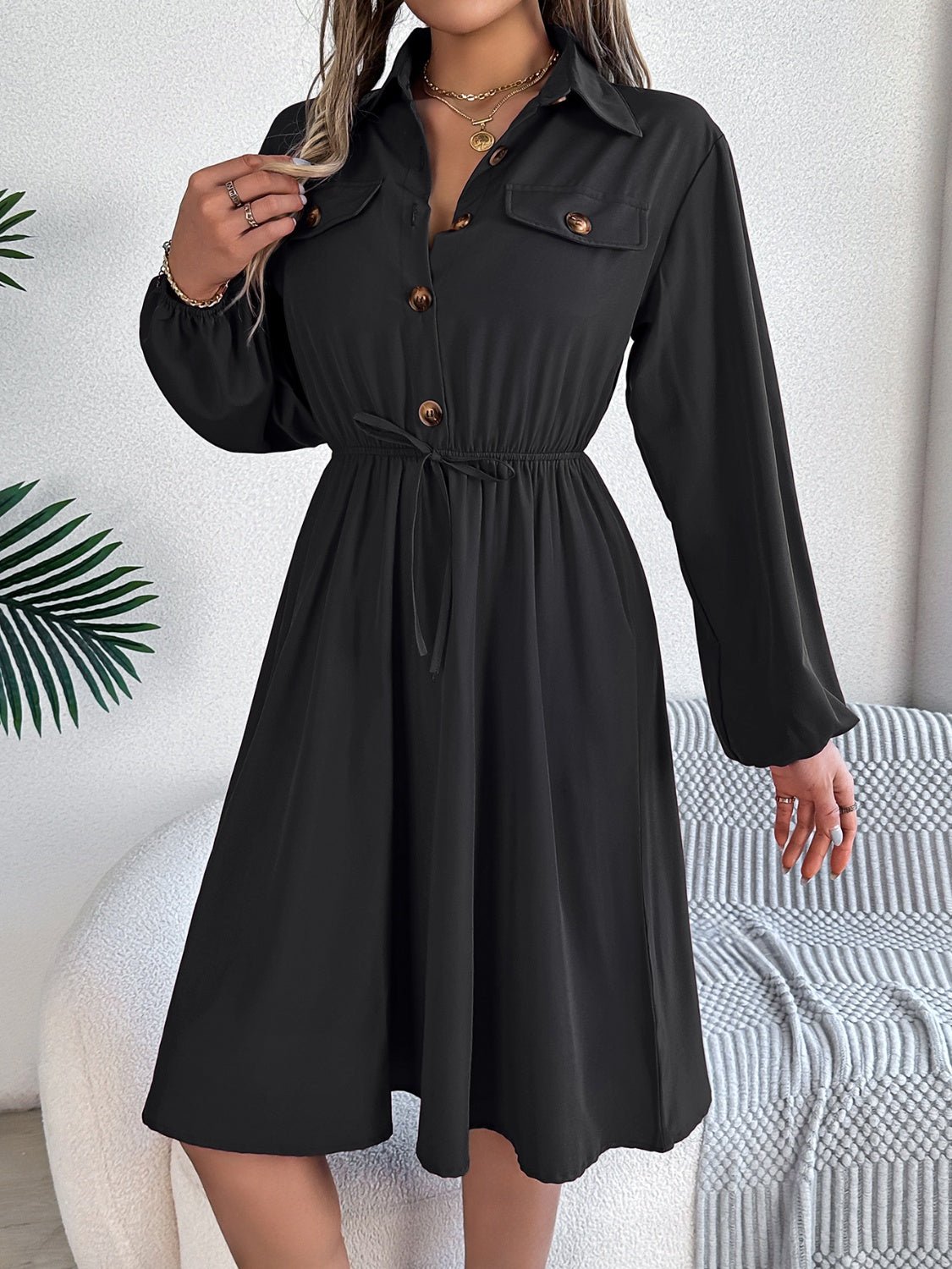 Collared Neck Long Sleeve Dress with Pockets - Flip Flop Dynasty
