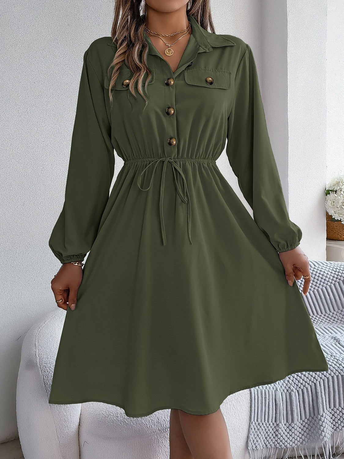 Collared Neck Long Sleeve Dress with Pockets - Flip Flop Dynasty