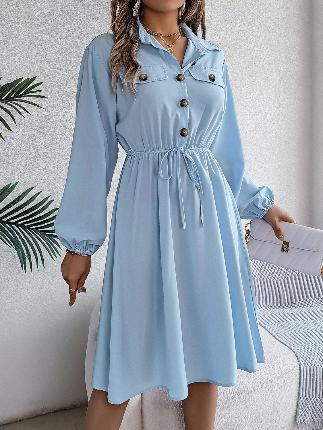 Collared Neck Long Sleeve Dress with Pockets - Flip Flop Dynasty