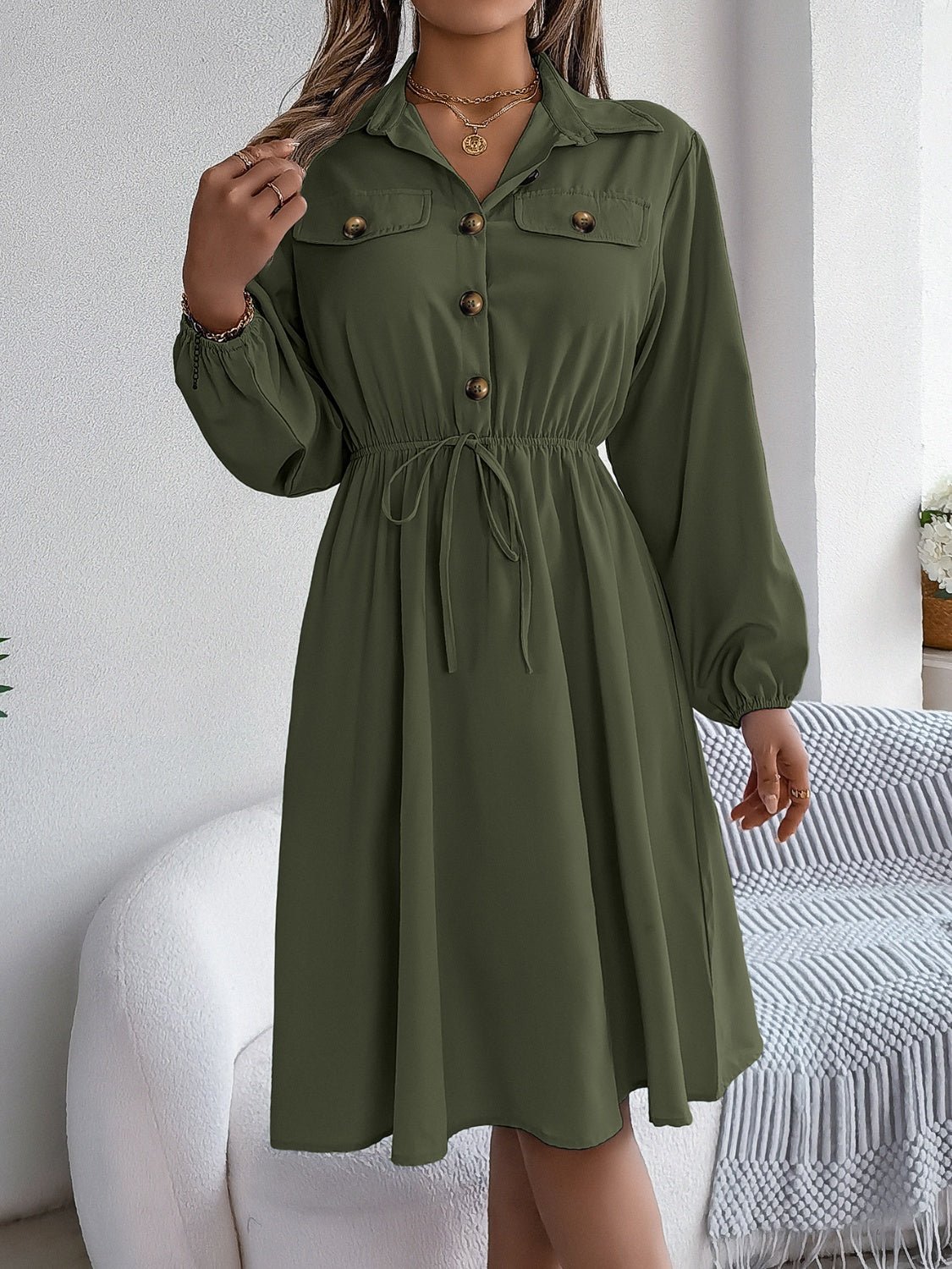 Collared Neck Long Sleeve Dress with Pockets - Flip Flop Dynasty
