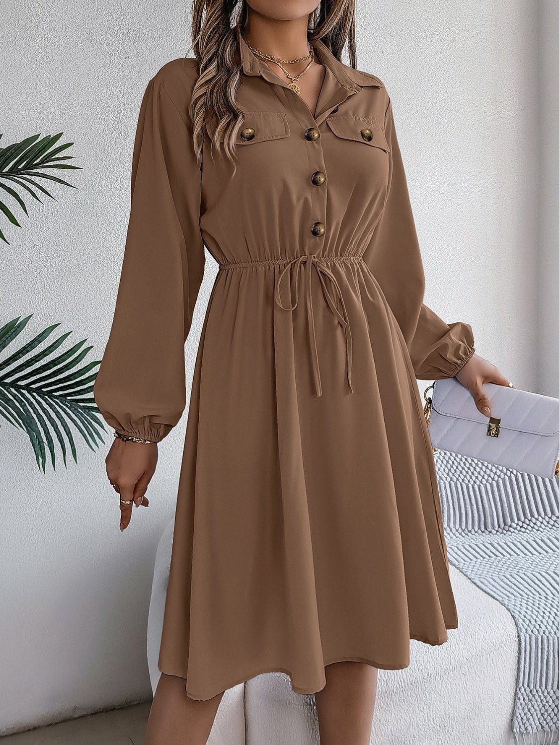 Collared Neck Long Sleeve Dress with Pockets - Flip Flop Dynasty