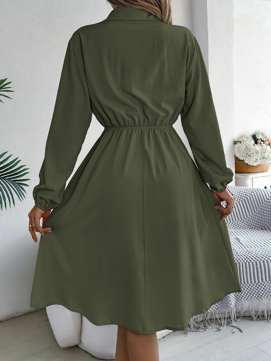 Collared Neck Long Sleeve Dress with Pockets - Flip Flop Dynasty