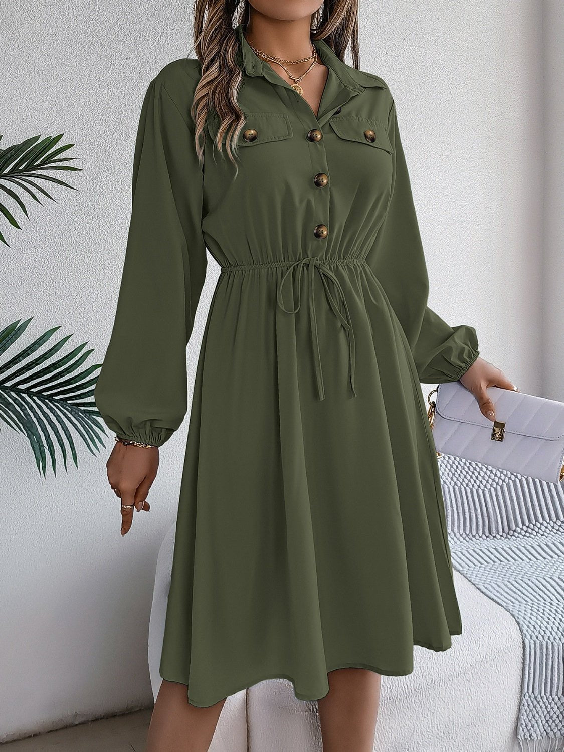 Collared Neck Long Sleeve Dress with Pockets - Flip Flop Dynasty