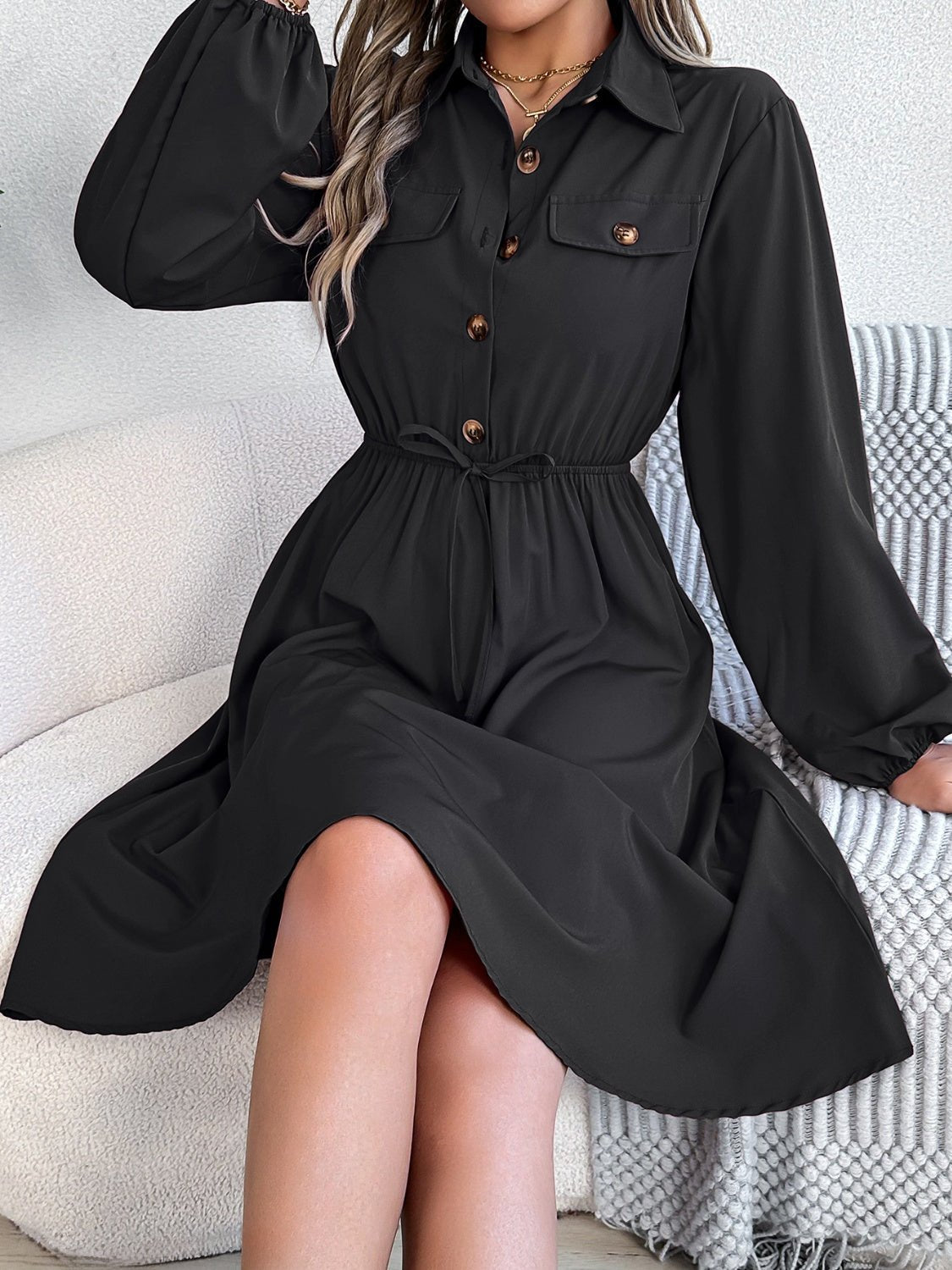 Collared Neck Long Sleeve Dress with Pockets - Flip Flop Dynasty