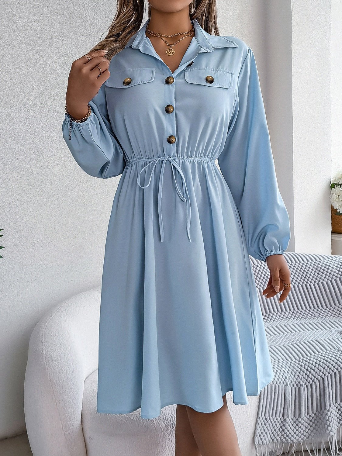 Collared Neck Long Sleeve Dress with Pockets - Flip Flop Dynasty