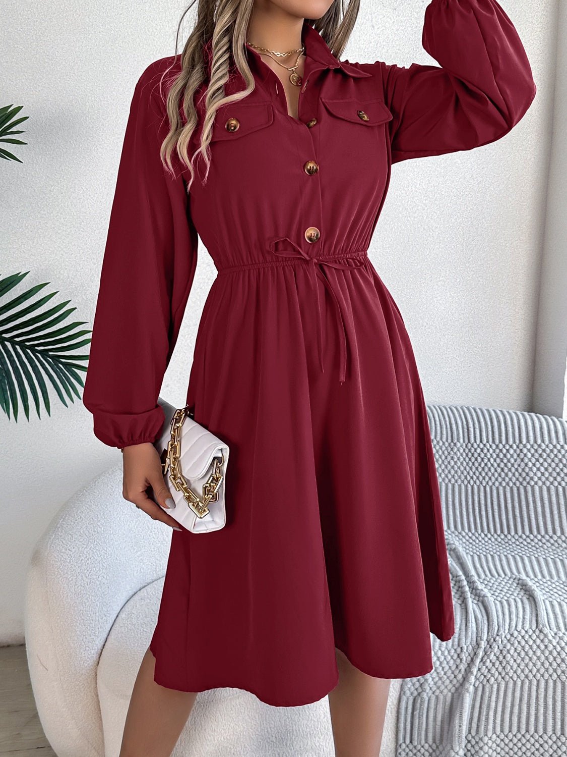 Collared Neck Long Sleeve Dress with Pockets - Flip Flop Dynasty