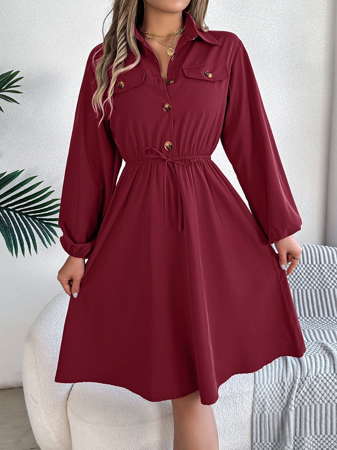 Collared Neck Long Sleeve Dress with Pockets - Flip Flop Dynasty