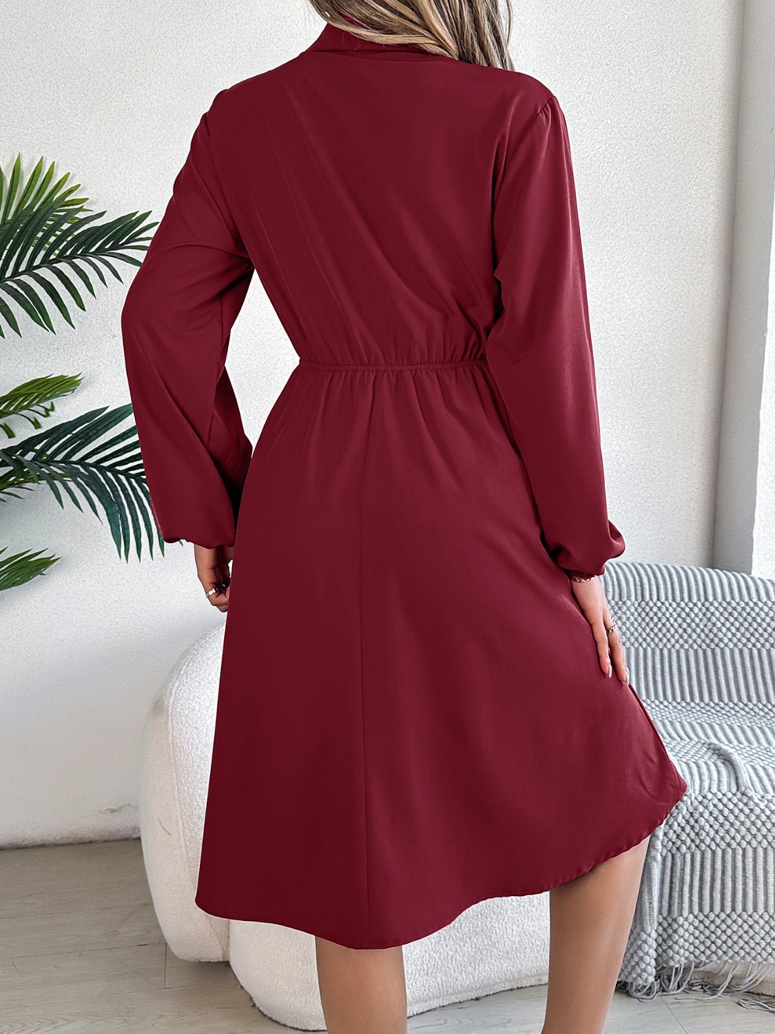 Collared Neck Long Sleeve Dress with Pockets - Flip Flop Dynasty