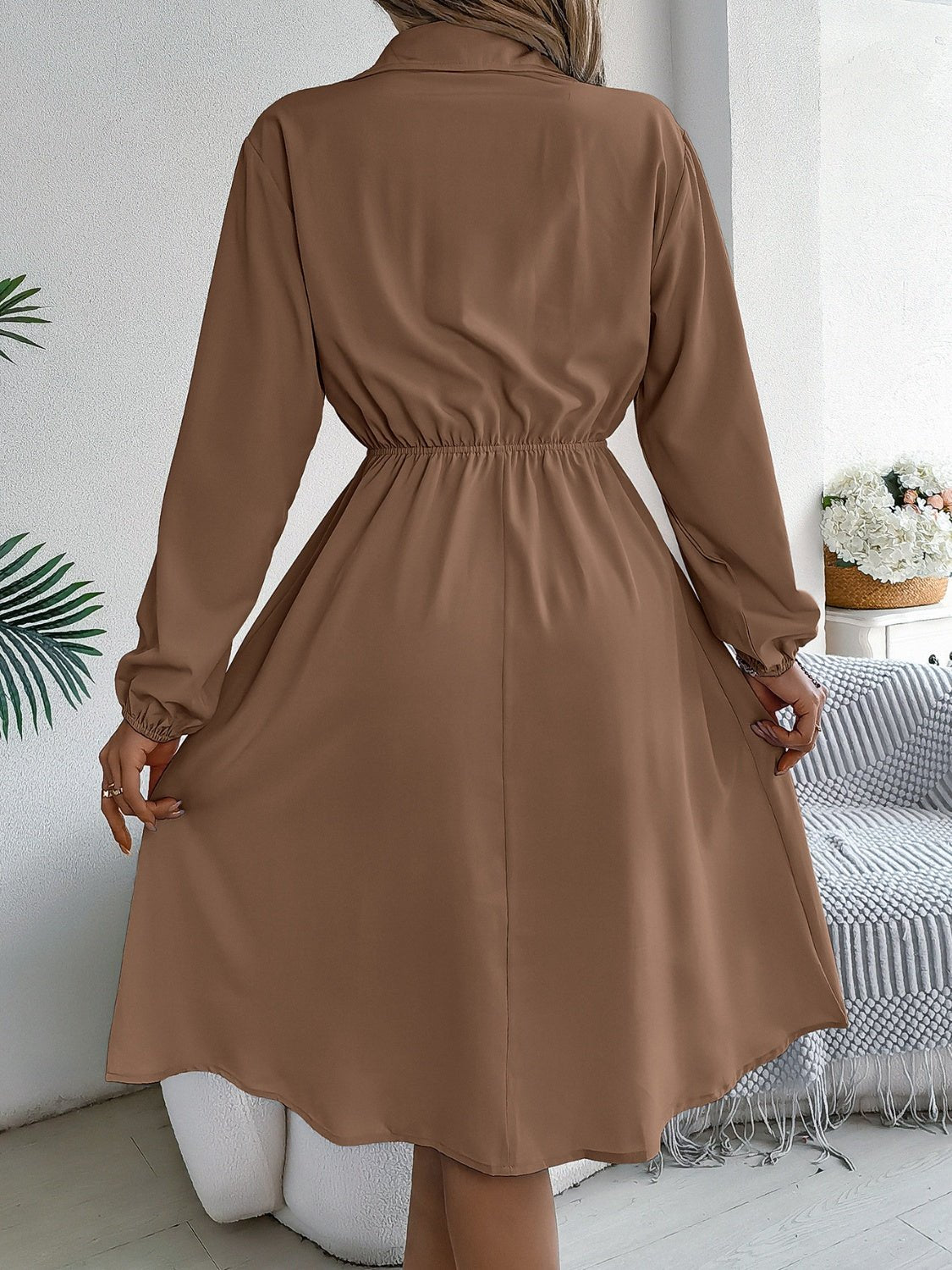Collared Neck Long Sleeve Dress with Pockets - Flip Flop Dynasty