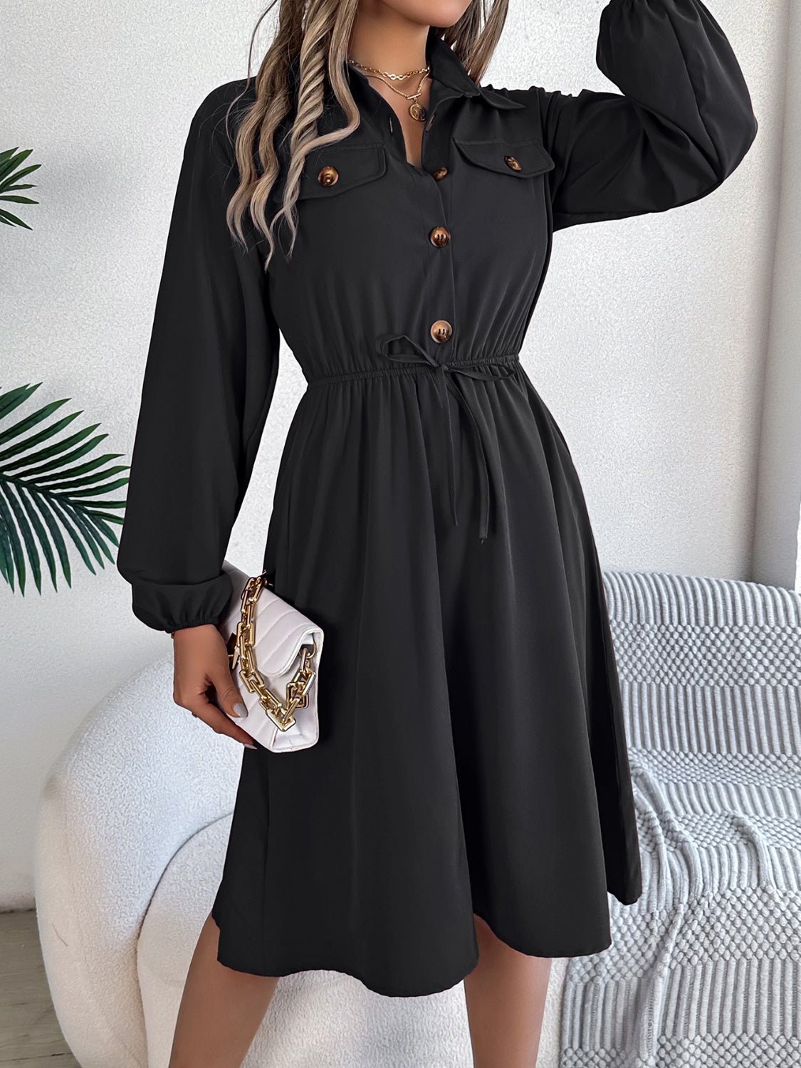Collared Neck Long Sleeve Dress with Pockets - Flip Flop Dynasty