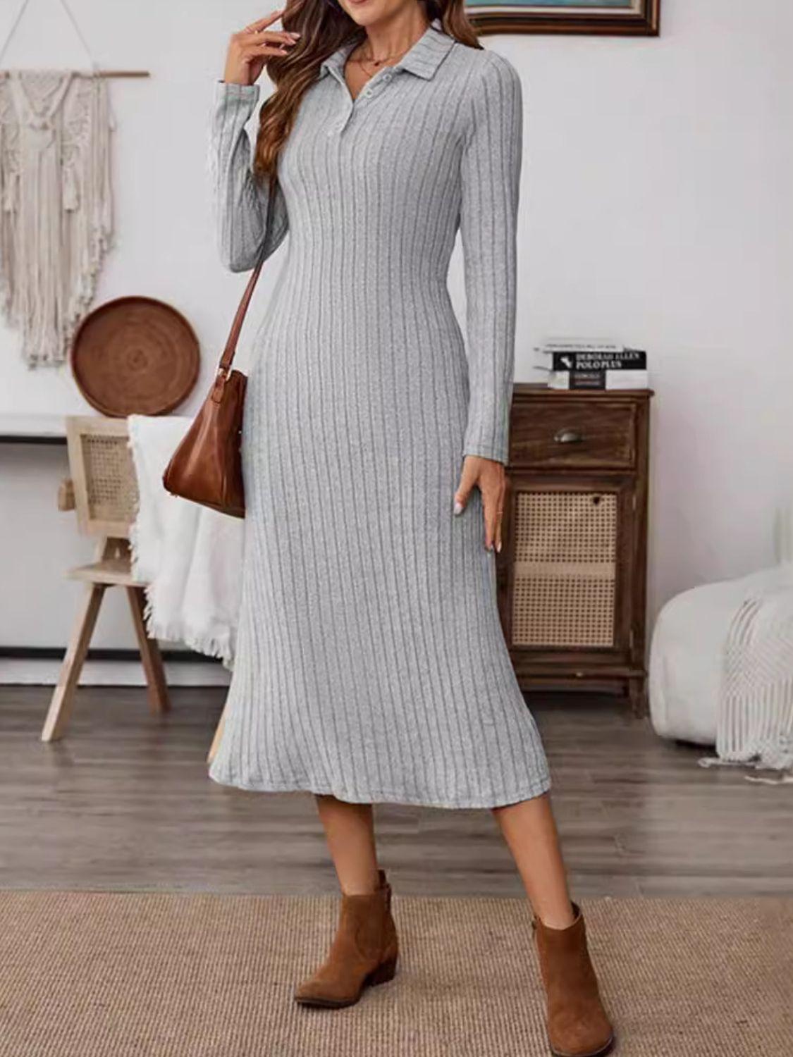 Collared Neck Long Sleeve Midi Dress - Flip Flop Dynasty
