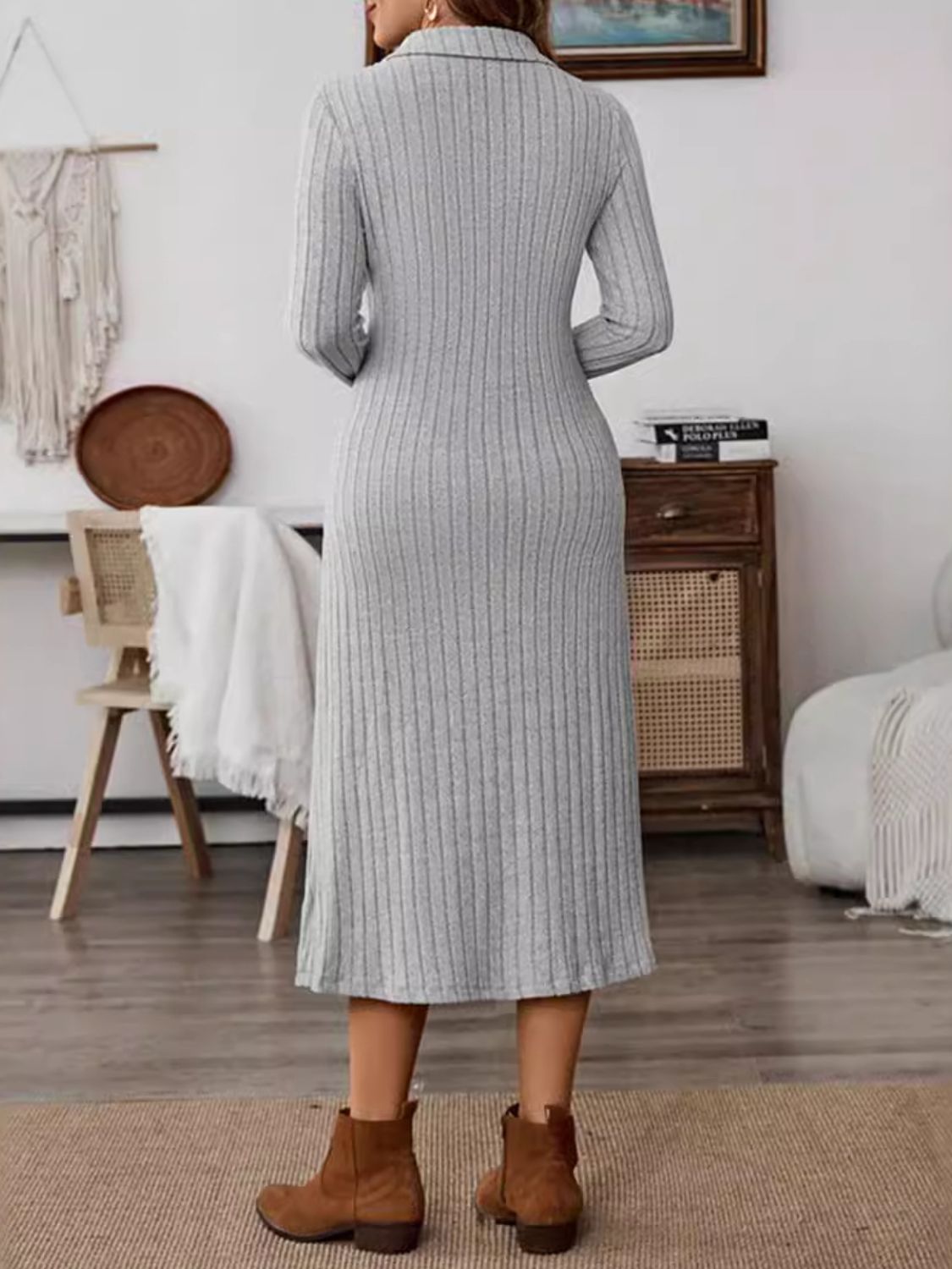 Collared Neck Long Sleeve Midi Dress - Flip Flop Dynasty