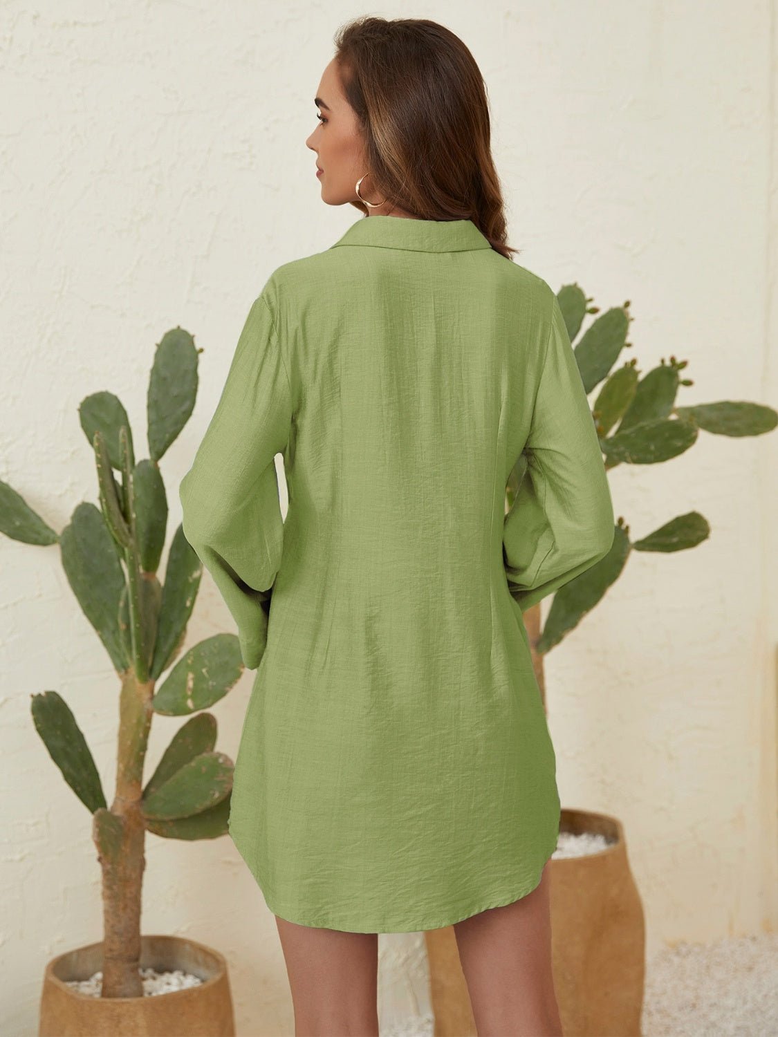 Collared Neck Long Sleeve Mini Shirt Dress - Flip Flop Dynasty