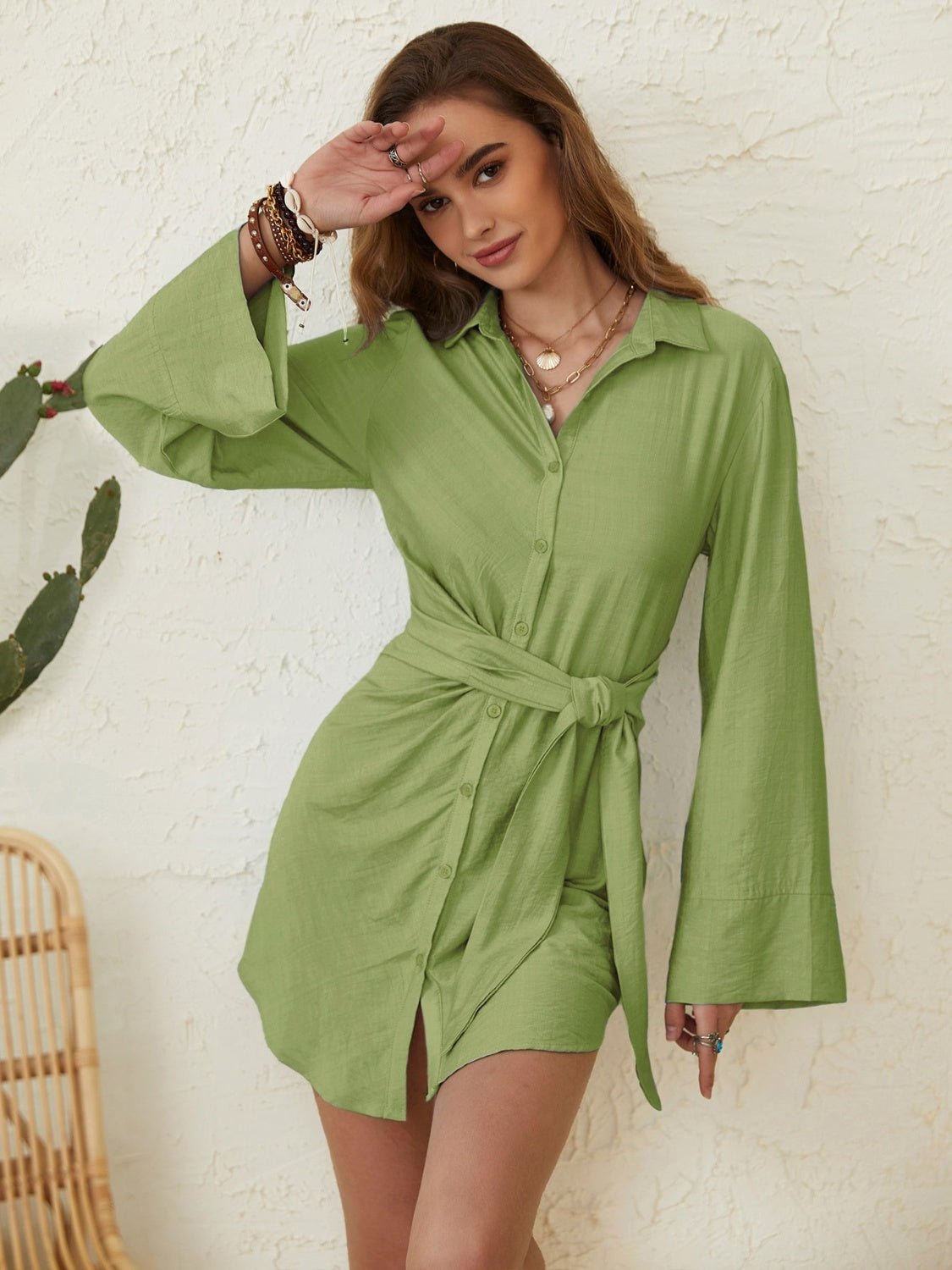 Collared Neck Long Sleeve Mini Shirt Dress - Flip Flop Dynasty