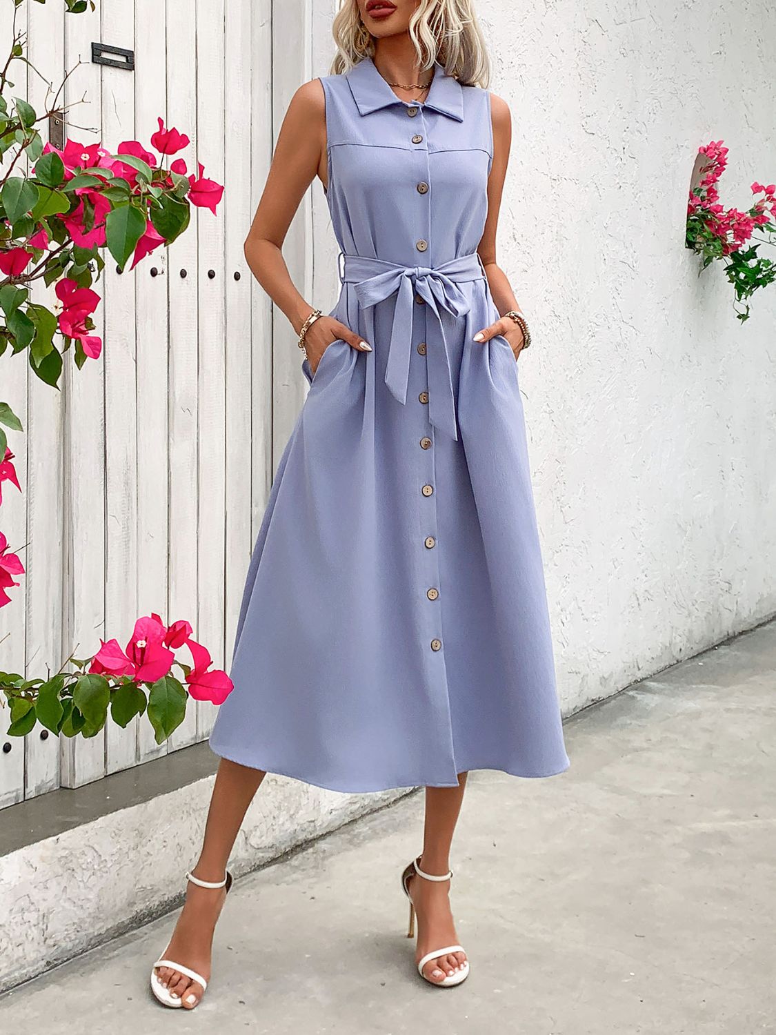 Collared Neck Sleeveless Dress - Flip Flop Dynasty