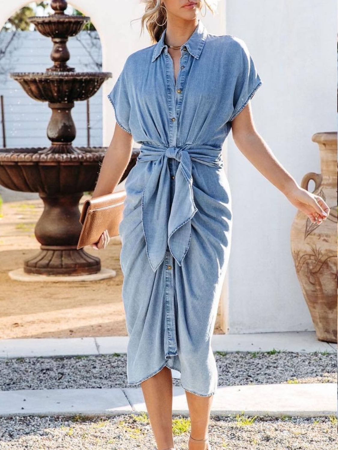 Collared Neck Tie Waist Short Sleeve Denim Dress - Flip Flop Dynasty