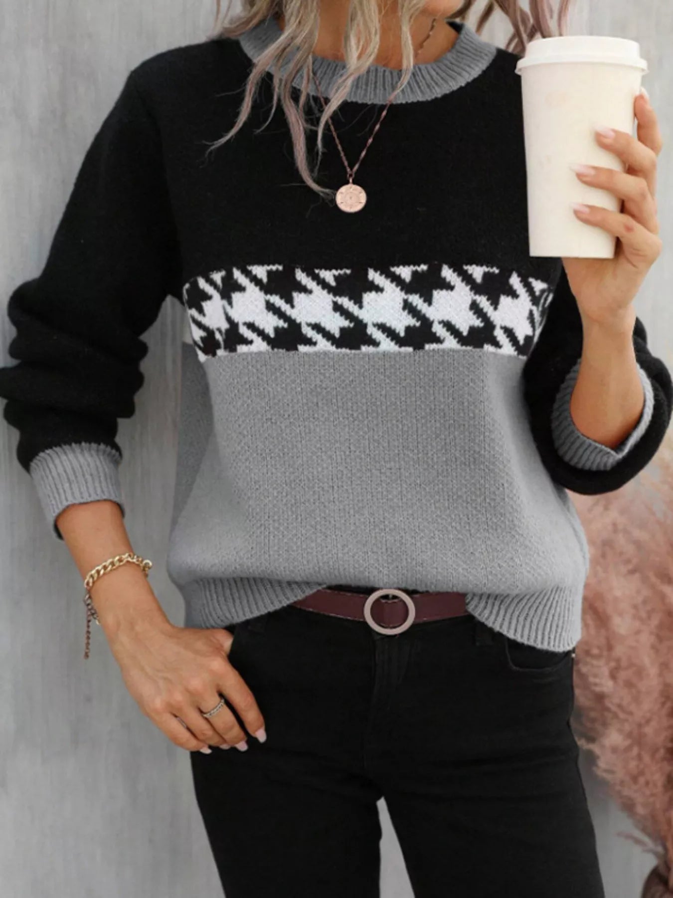 Color Block Houndstooth Knit Sweater - Flip Flop Dynasty