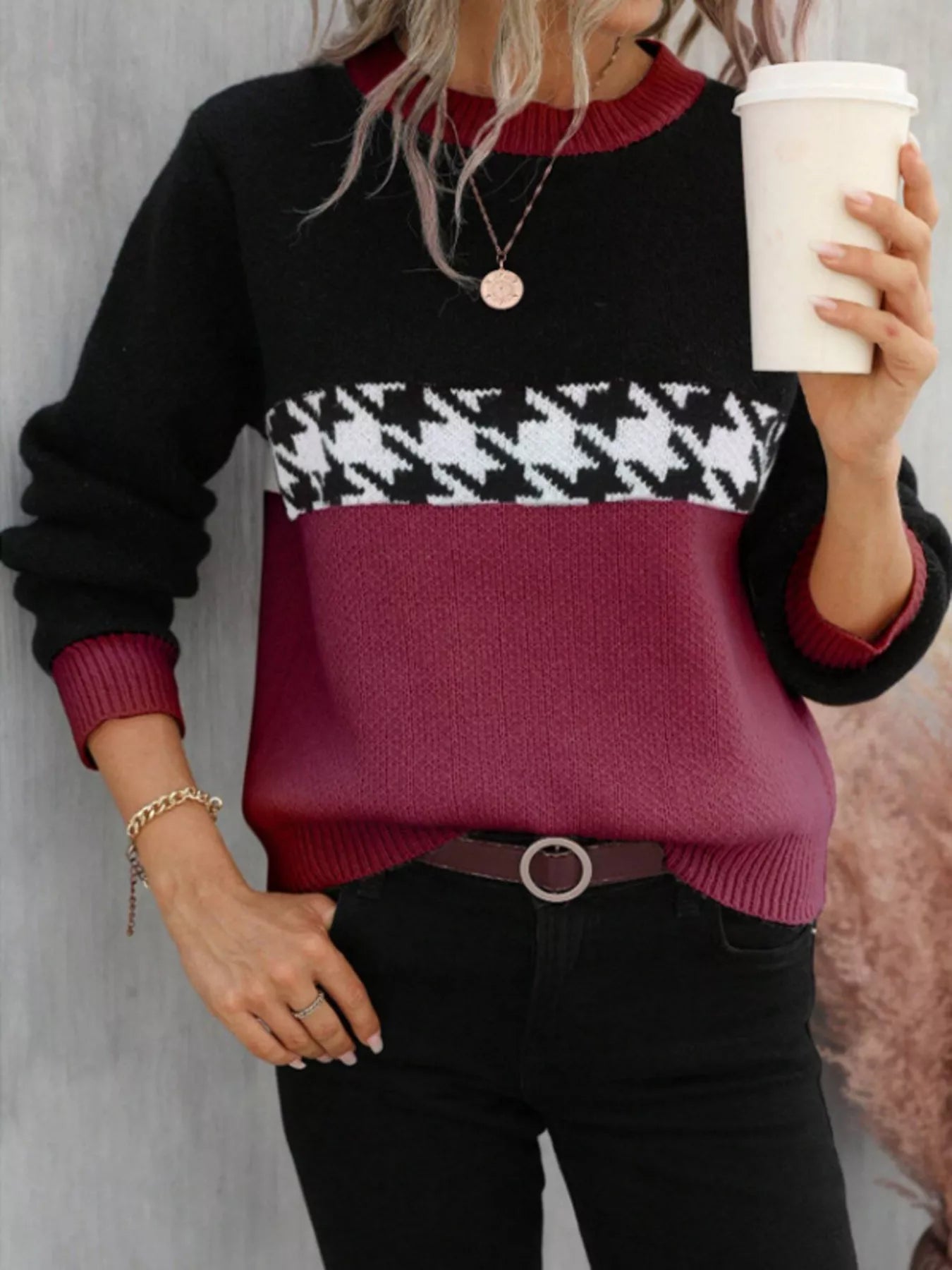Color Block Houndstooth Knit Sweater - Flip Flop Dynasty