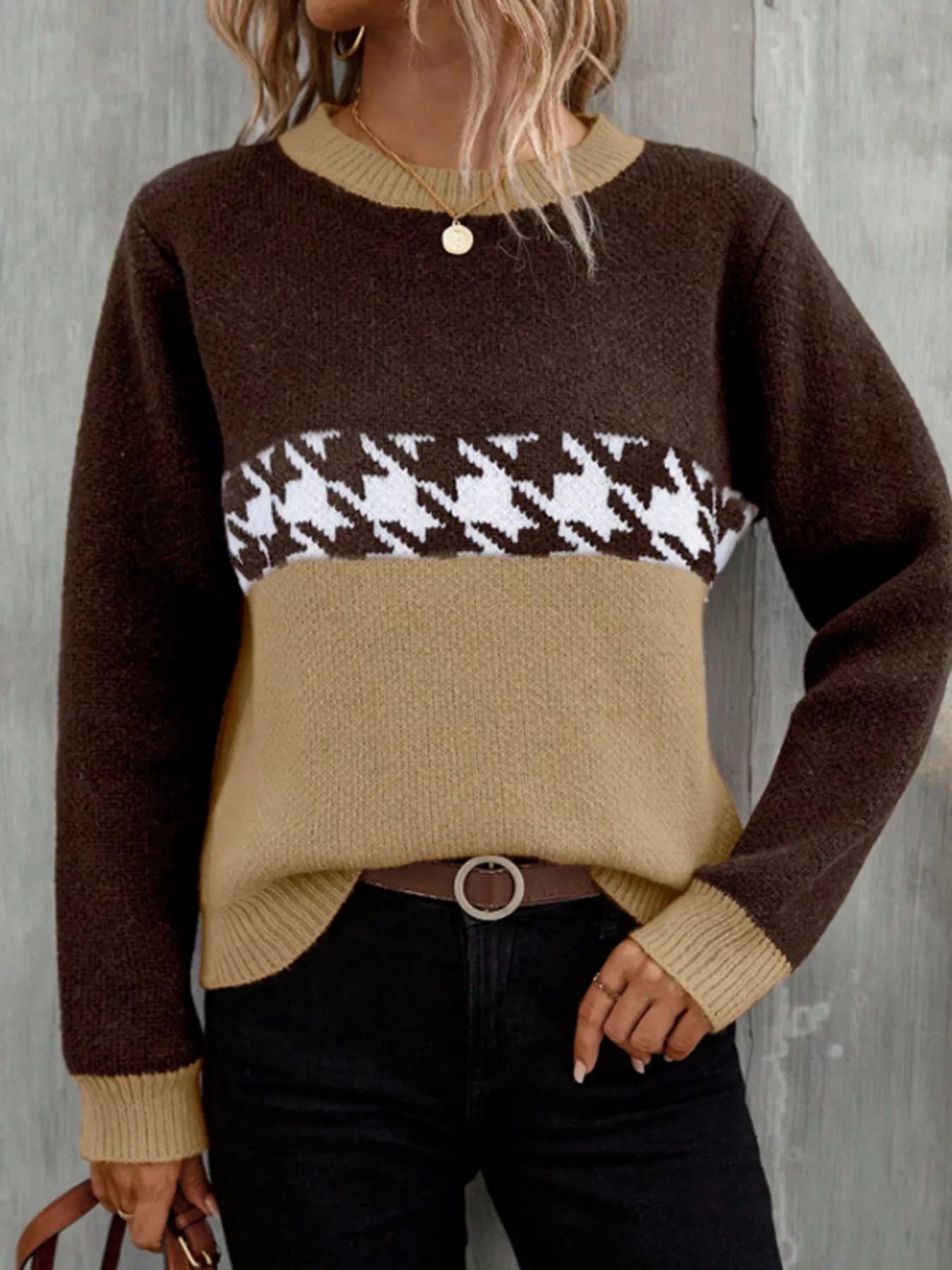 Color Block Houndstooth Knit Sweater - Flip Flop Dynasty