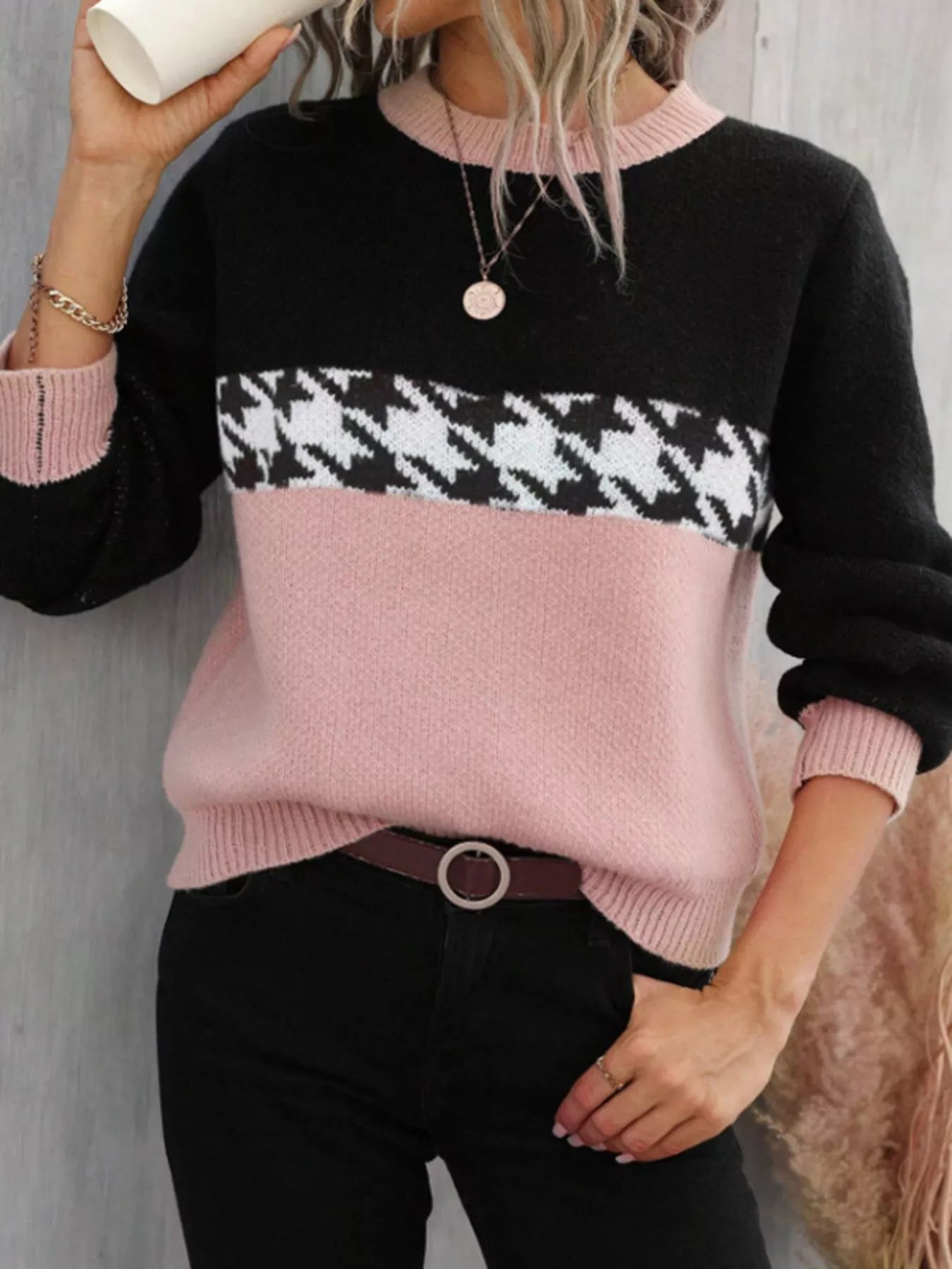 Color Block Houndstooth Knit Sweater - Flip Flop Dynasty