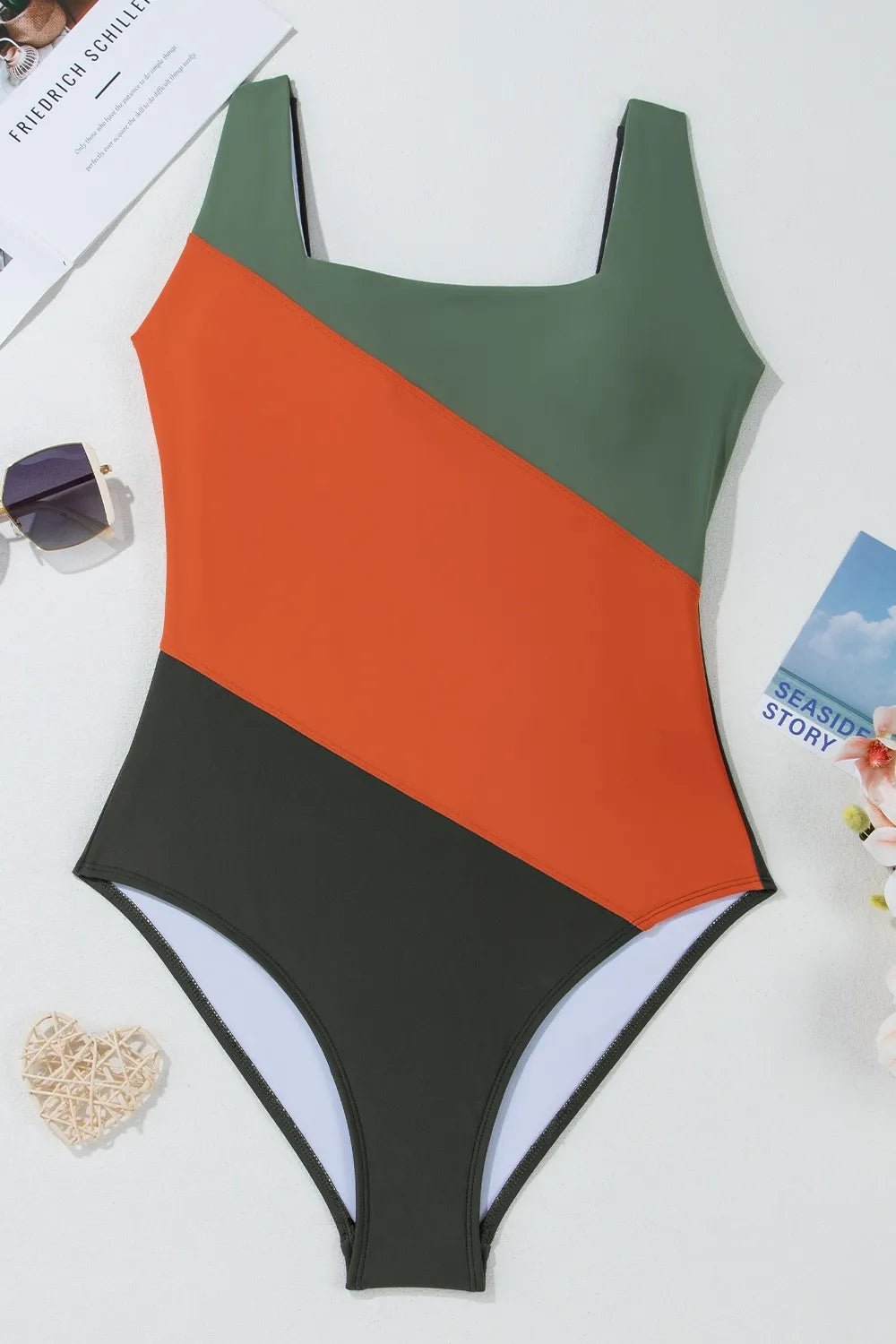 Color Block Padded Square Neck One Piece Swimsuit - Flip Flop Dynasty