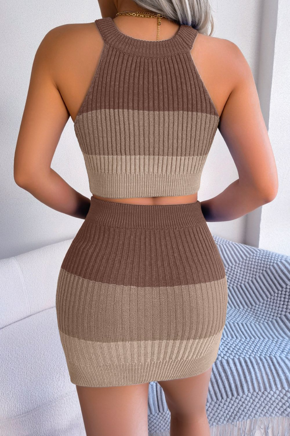 Color Block Sleeveless Crop Knit Top and Skirt Set - Flip Flop Dynasty