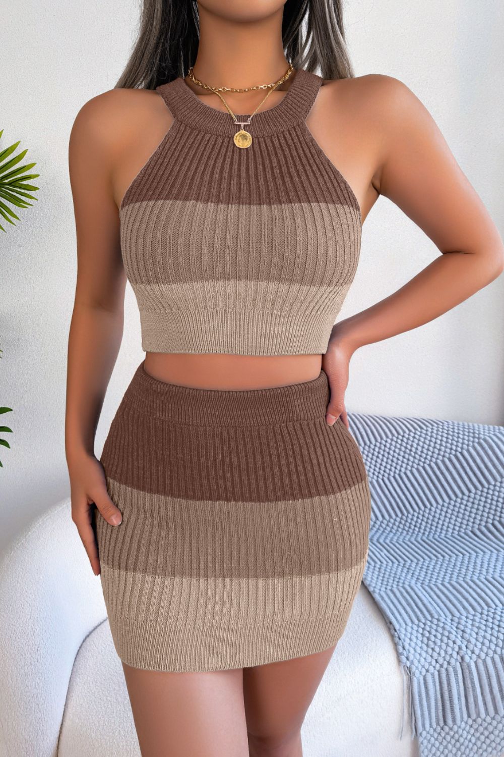Color Block Sleeveless Crop Knit Top and Skirt Set - Flip Flop Dynasty