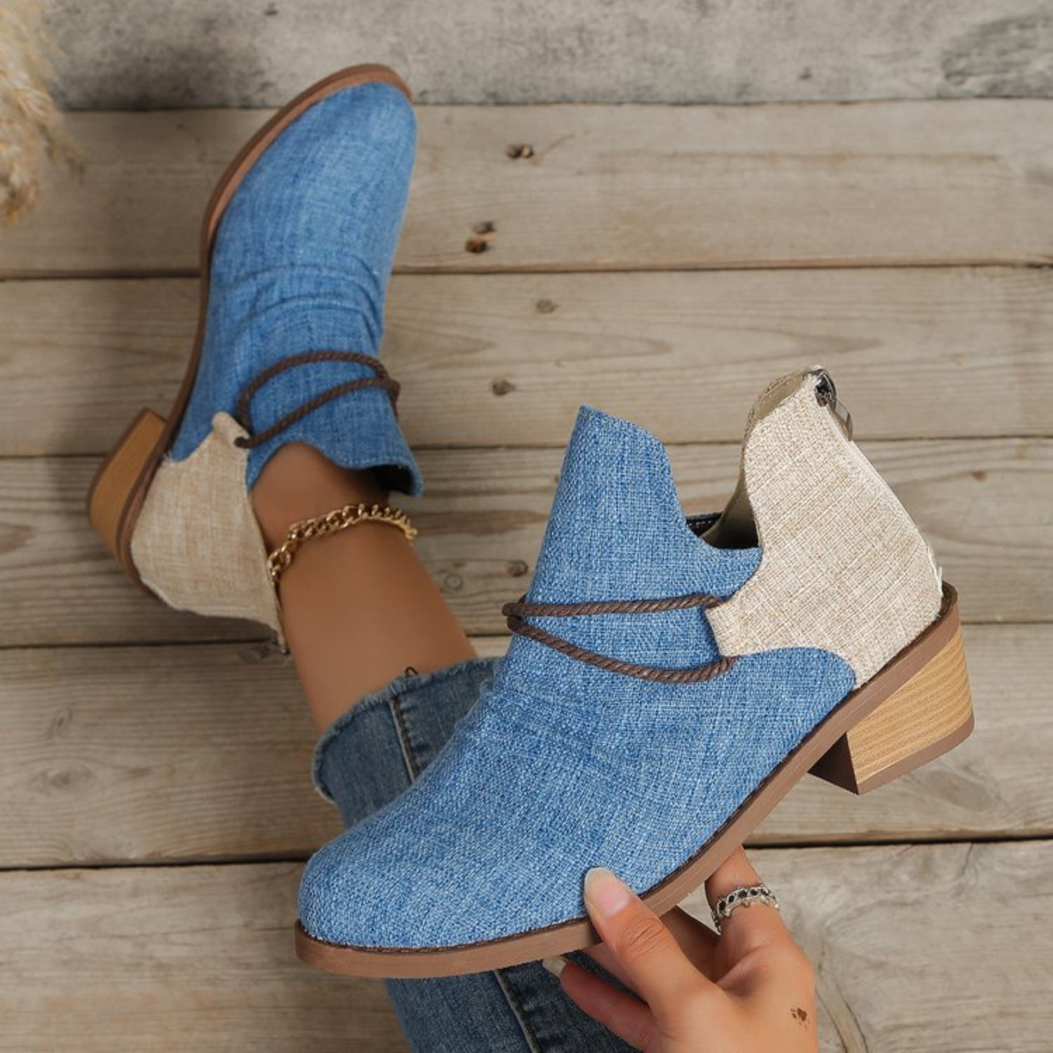 Contrast Canvas Low Heel Boots - Flip Flop Dynasty