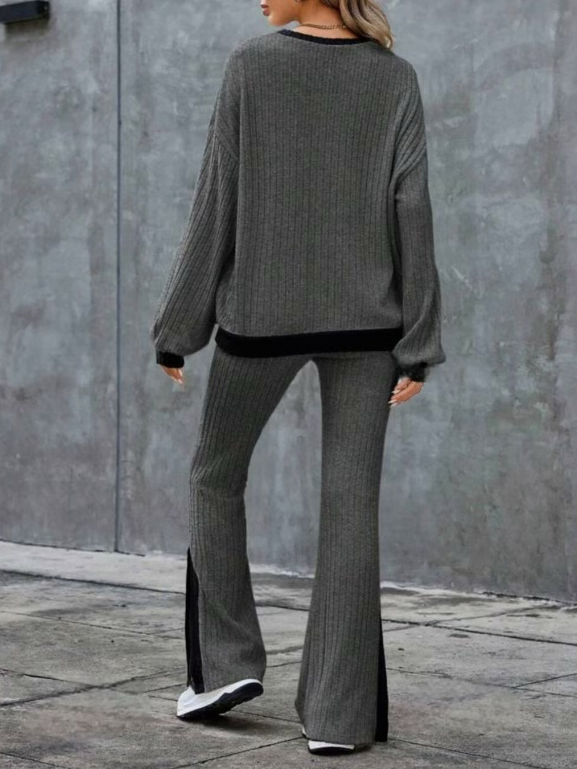 Contrast Round Neck Long Sleeve Top and Bootcut Pants Set - Flip Flop Dynasty