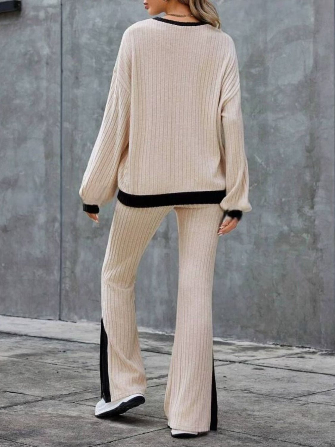 Contrast Round Neck Long Sleeve Top and Bootcut Pants Set - Flip Flop Dynasty