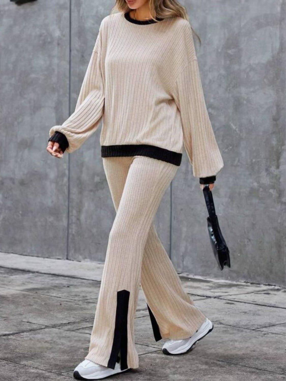 Contrast Round Neck Long Sleeve Top and Bootcut Pants Set - Flip Flop Dynasty