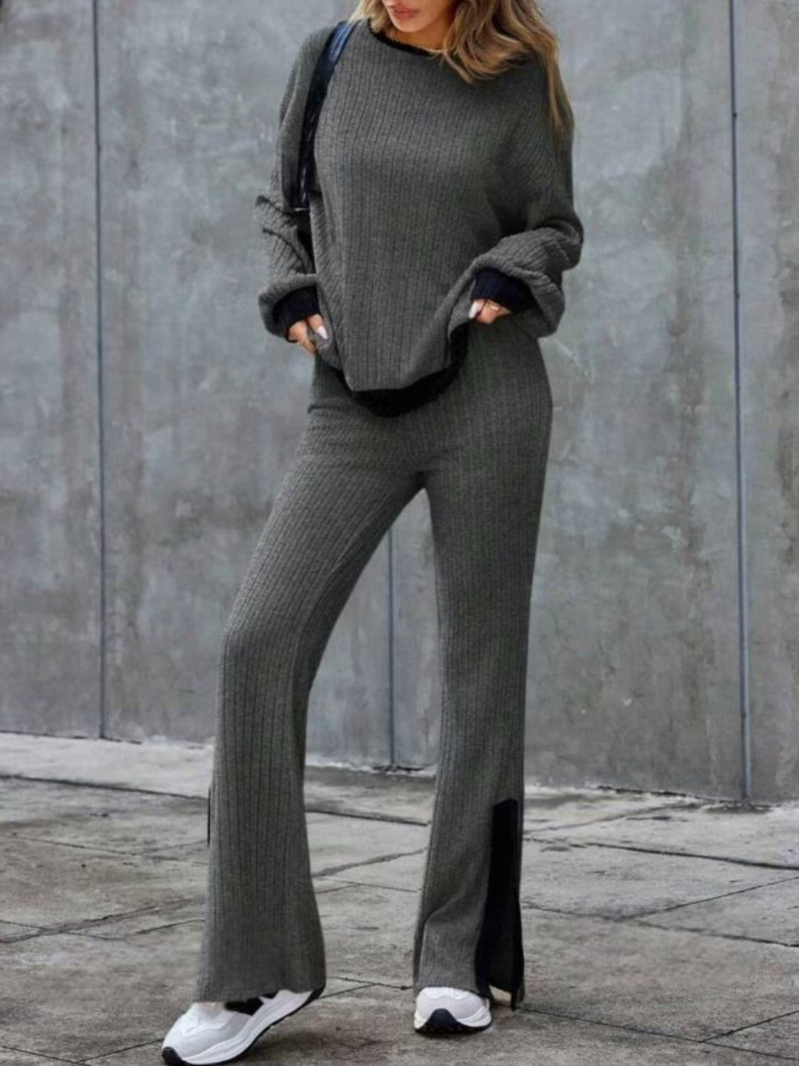 Contrast Round Neck Long Sleeve Top and Bootcut Pants Set - Flip Flop Dynasty