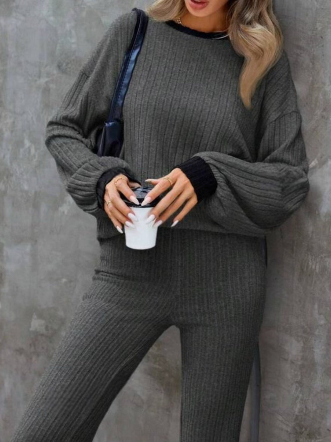 Contrast Round Neck Long Sleeve Top and Bootcut Pants Set - Flip Flop Dynasty