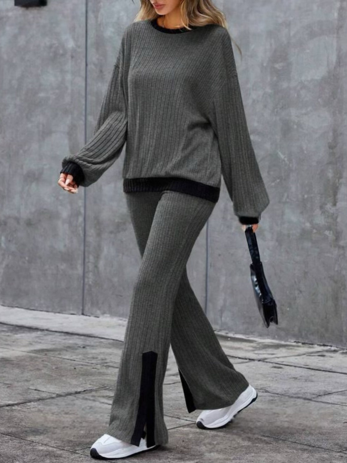 Contrast Round Neck Long Sleeve Top and Bootcut Pants Set - Flip Flop Dynasty