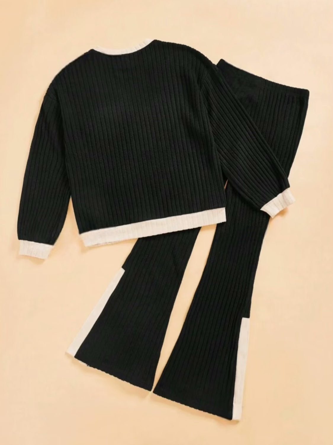 Contrast Round Neck Long Sleeve Top and Bootcut Pants Set - Flip Flop Dynasty