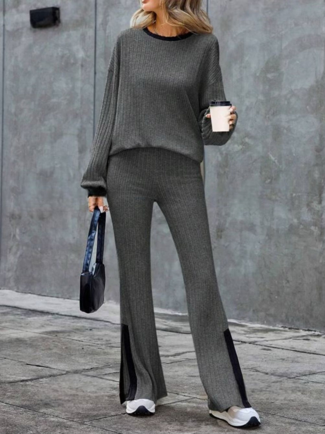 Contrast Round Neck Long Sleeve Top and Bootcut Pants Set - Flip Flop Dynasty