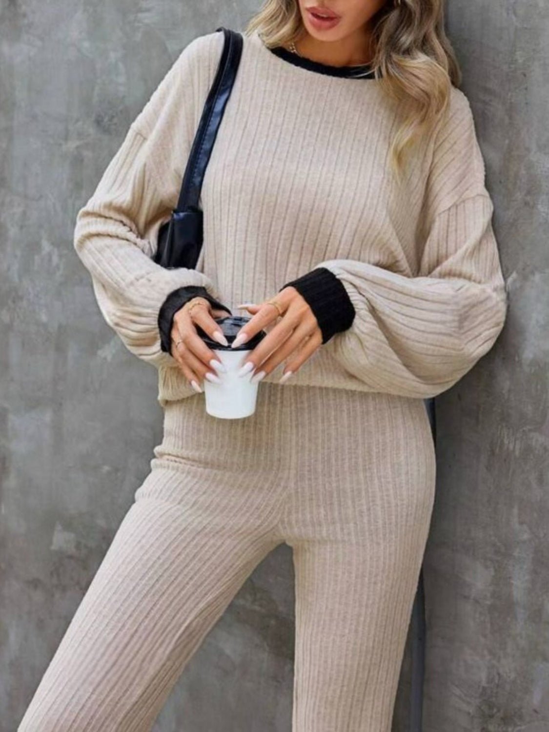 Contrast Round Neck Long Sleeve Top and Bootcut Pants Set - Flip Flop Dynasty