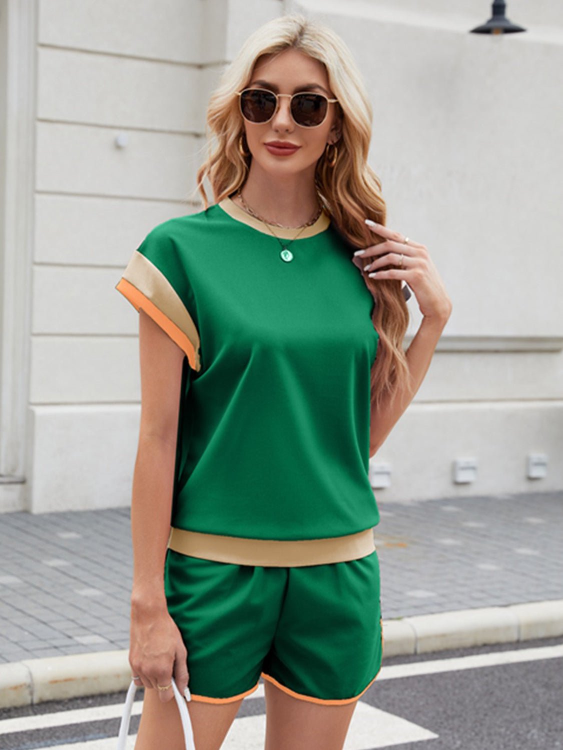 Contrast Round Neck Top and Shorts Set - Flip Flop Dynasty