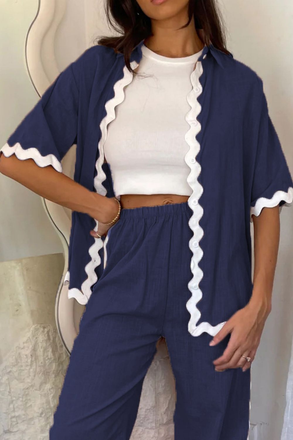 Contrast Trim Half Sleeve Top and Pants Set - Flip Flop Dynasty