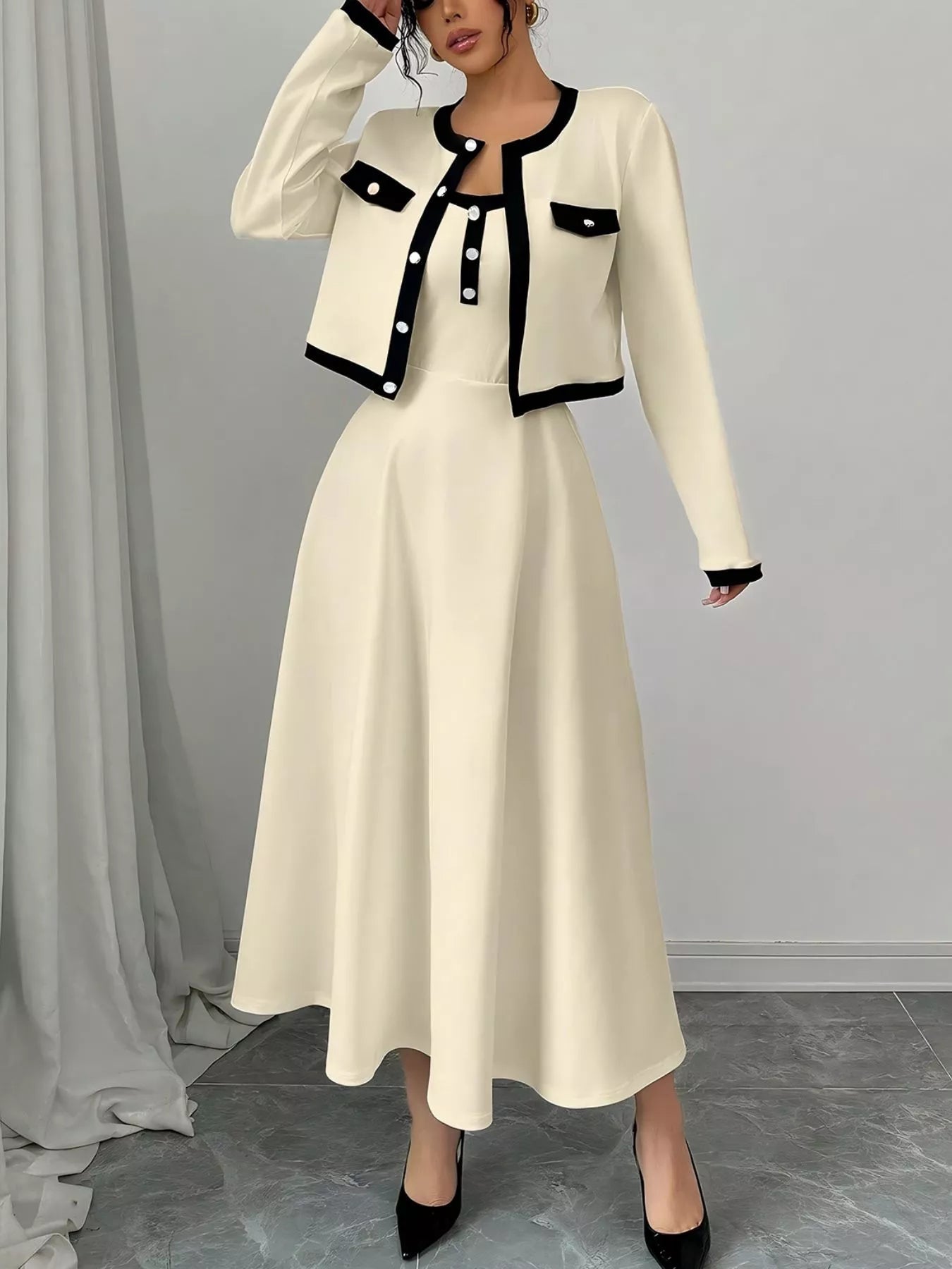 Contrast Trim Maxi Dress and Cropped Cardigan Set - Flip Flop Dynasty