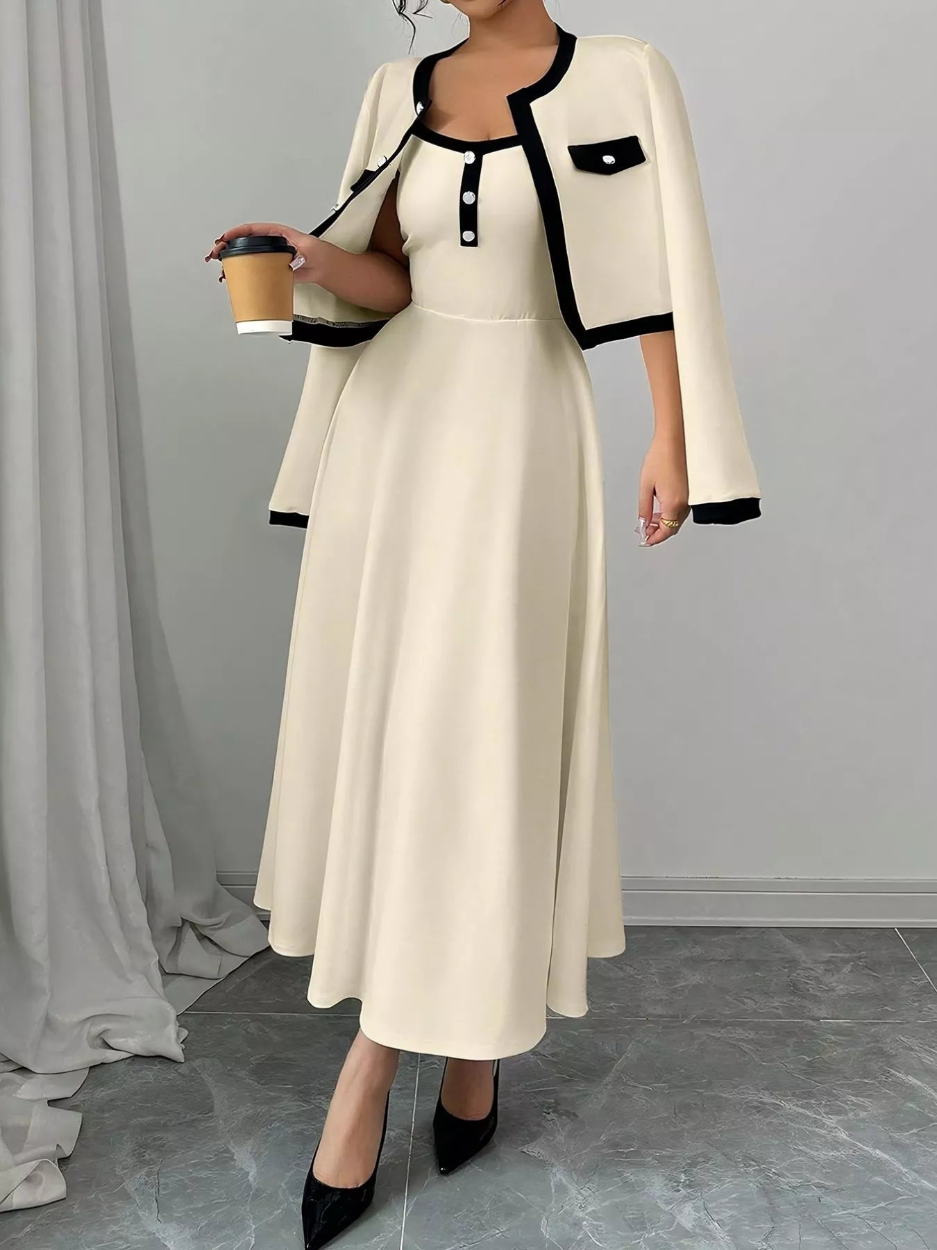 Contrast Trim Maxi Dress and Cropped Cardigan Set - Flip Flop Dynasty