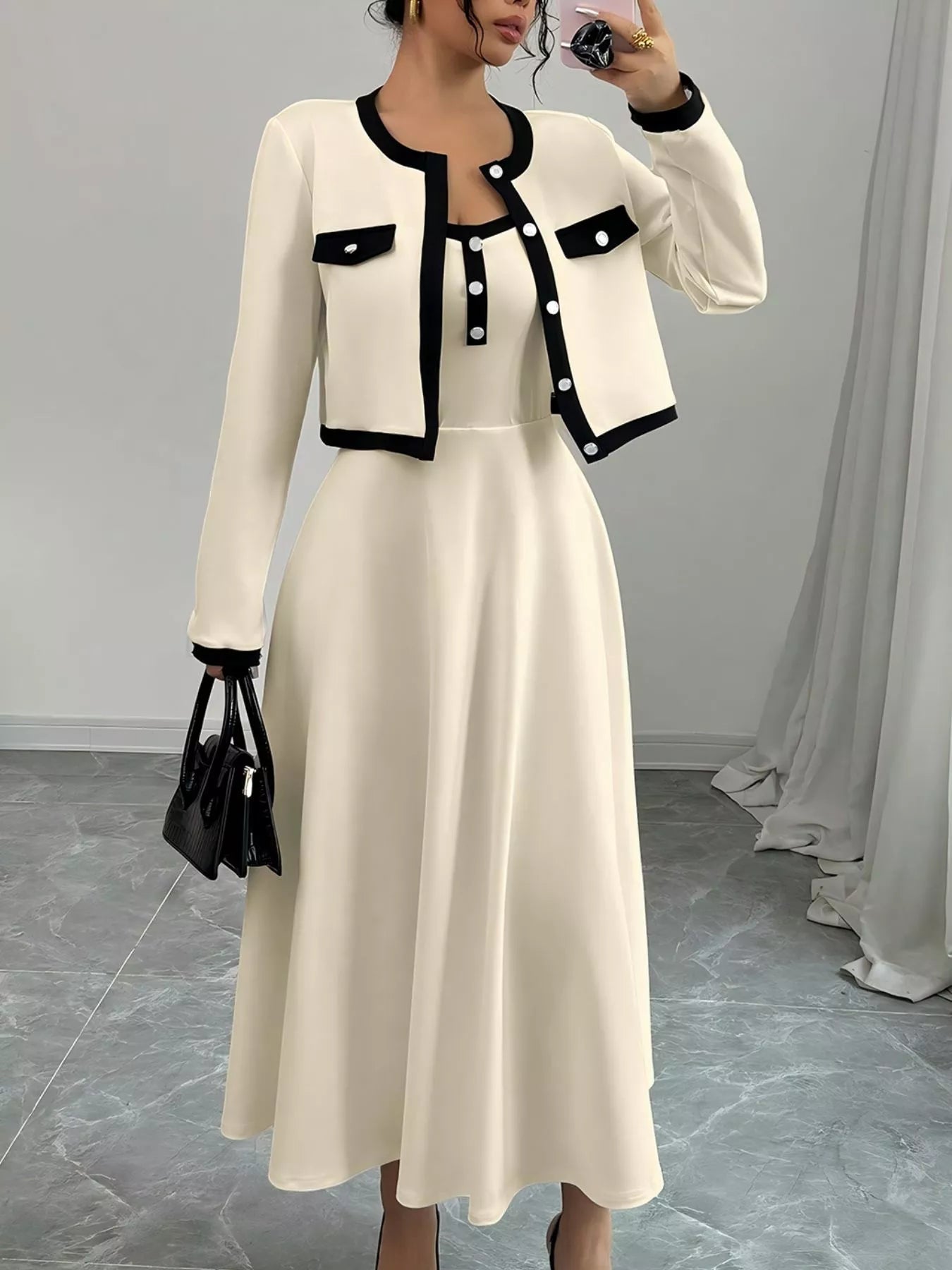 Contrast Trim Maxi Dress and Cropped Cardigan Set - Flip Flop Dynasty