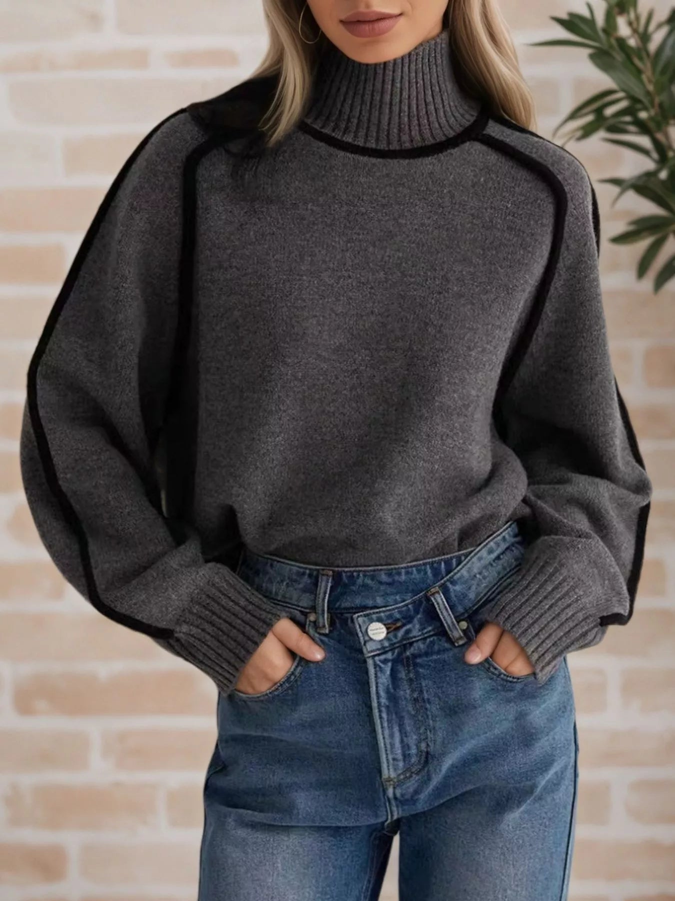 Contrast Trim Turtleneck Sweater - Flip Flop Dynasty