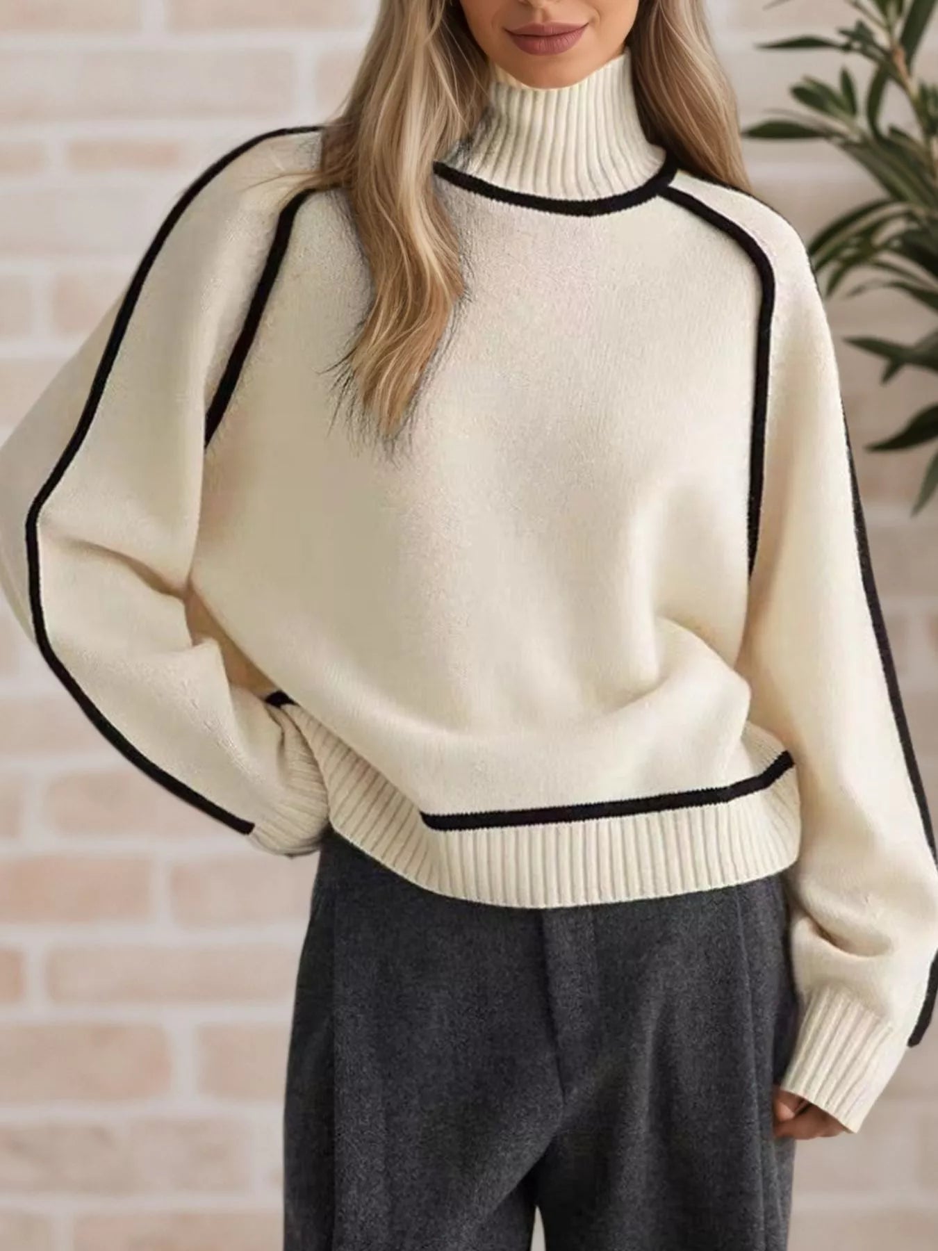 Contrast Trim Turtleneck Sweater - Flip Flop Dynasty