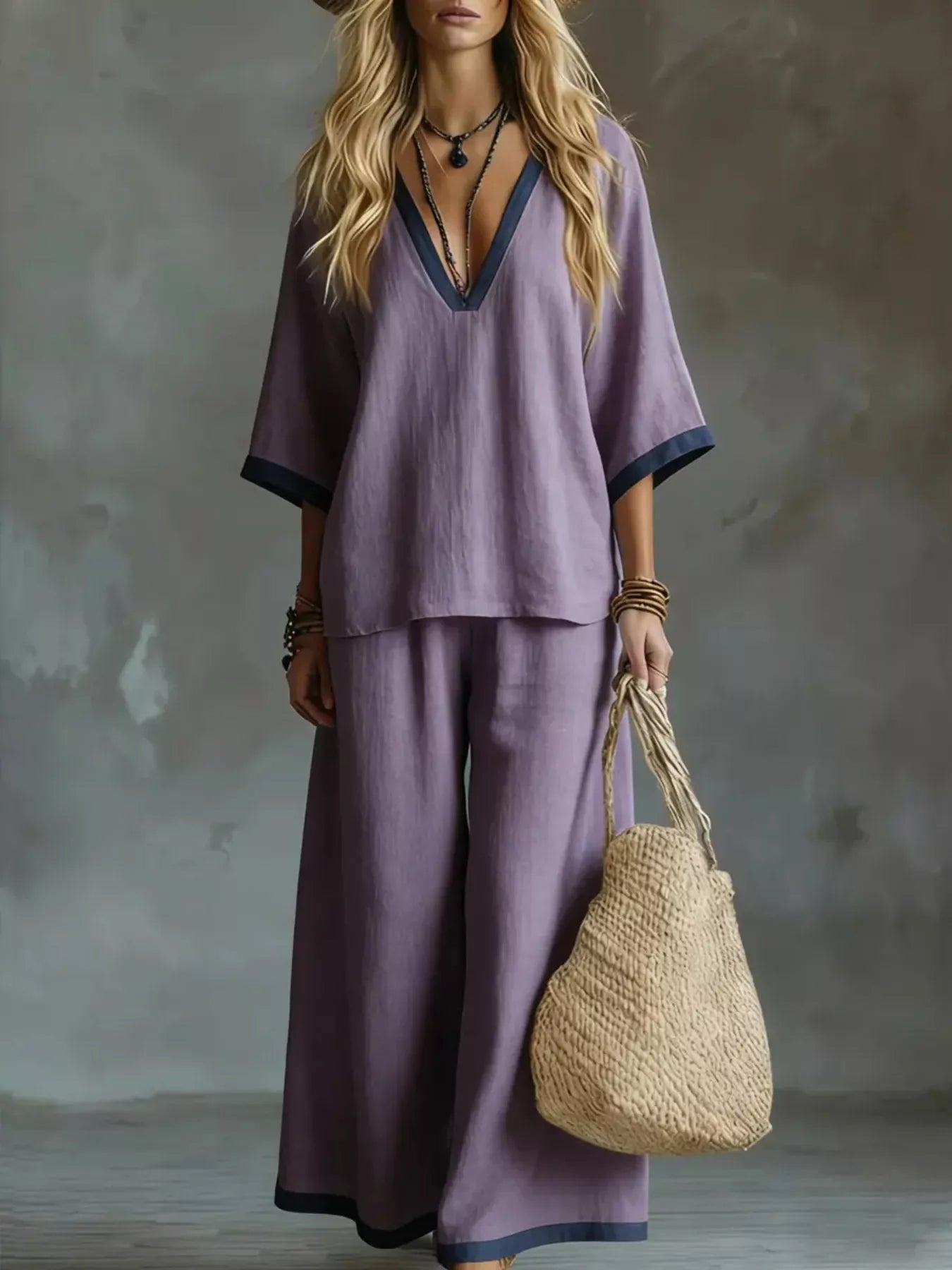 Contrast Trim V-Neck Top and Pants Set - Flip Flop Dynasty