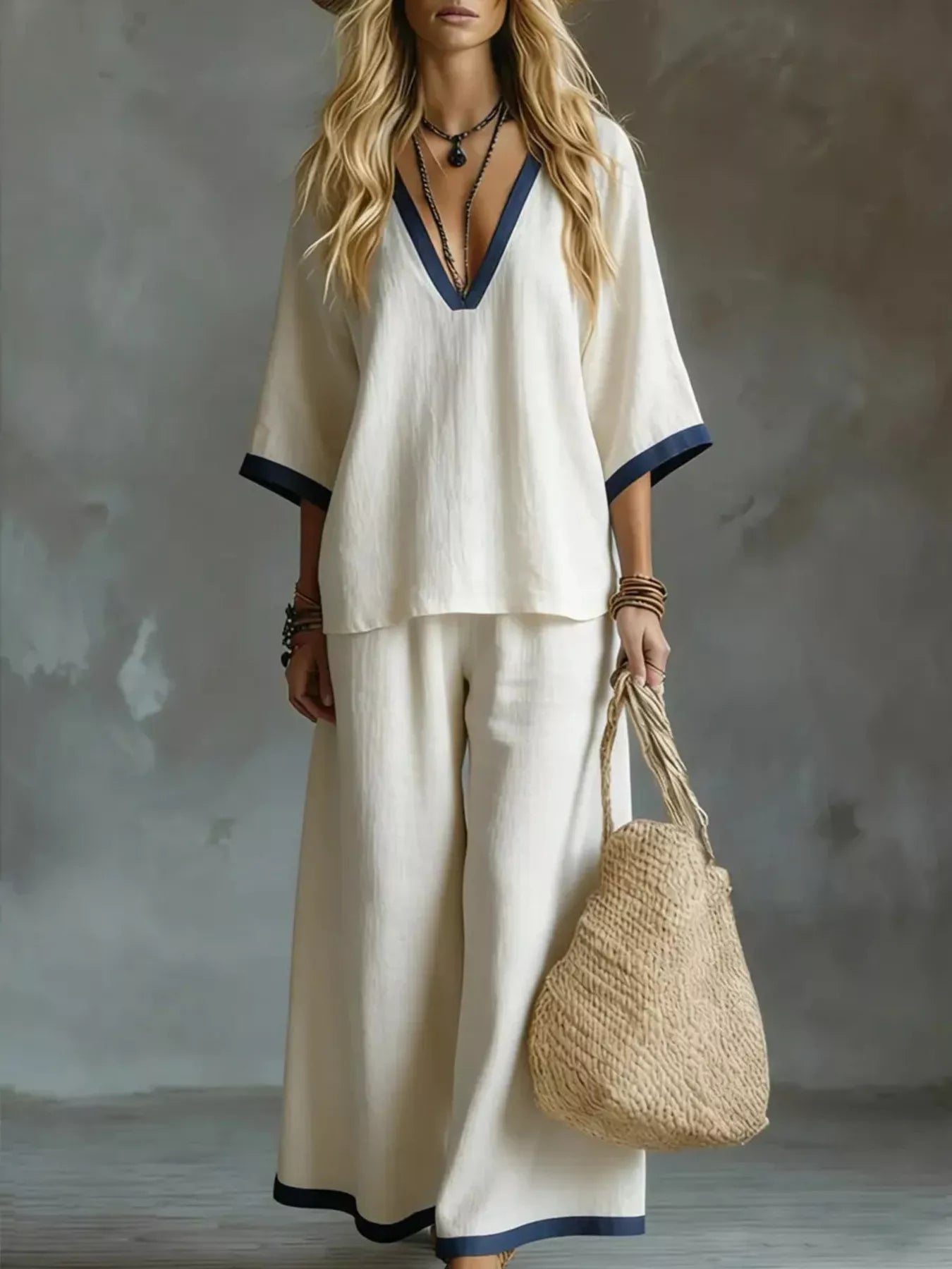 Contrast Trim V-Neck Top and Pants Set - Flip Flop Dynasty